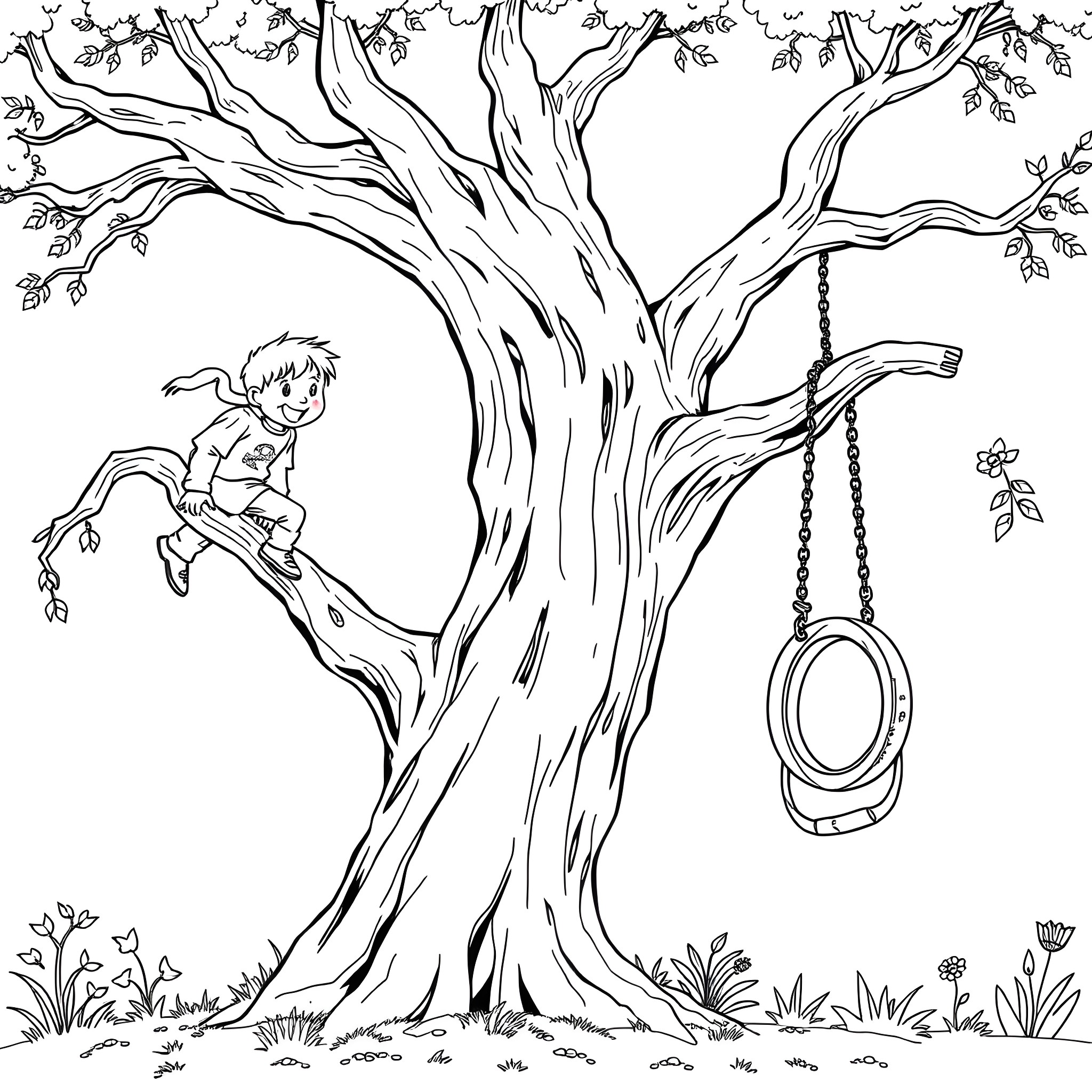 Kid Playing on the Old Tree Swing Coloring Page (free black-and-white line drawing printable PDF for all, from beginners to advanced learners, including children, teens, adults, and seniors)