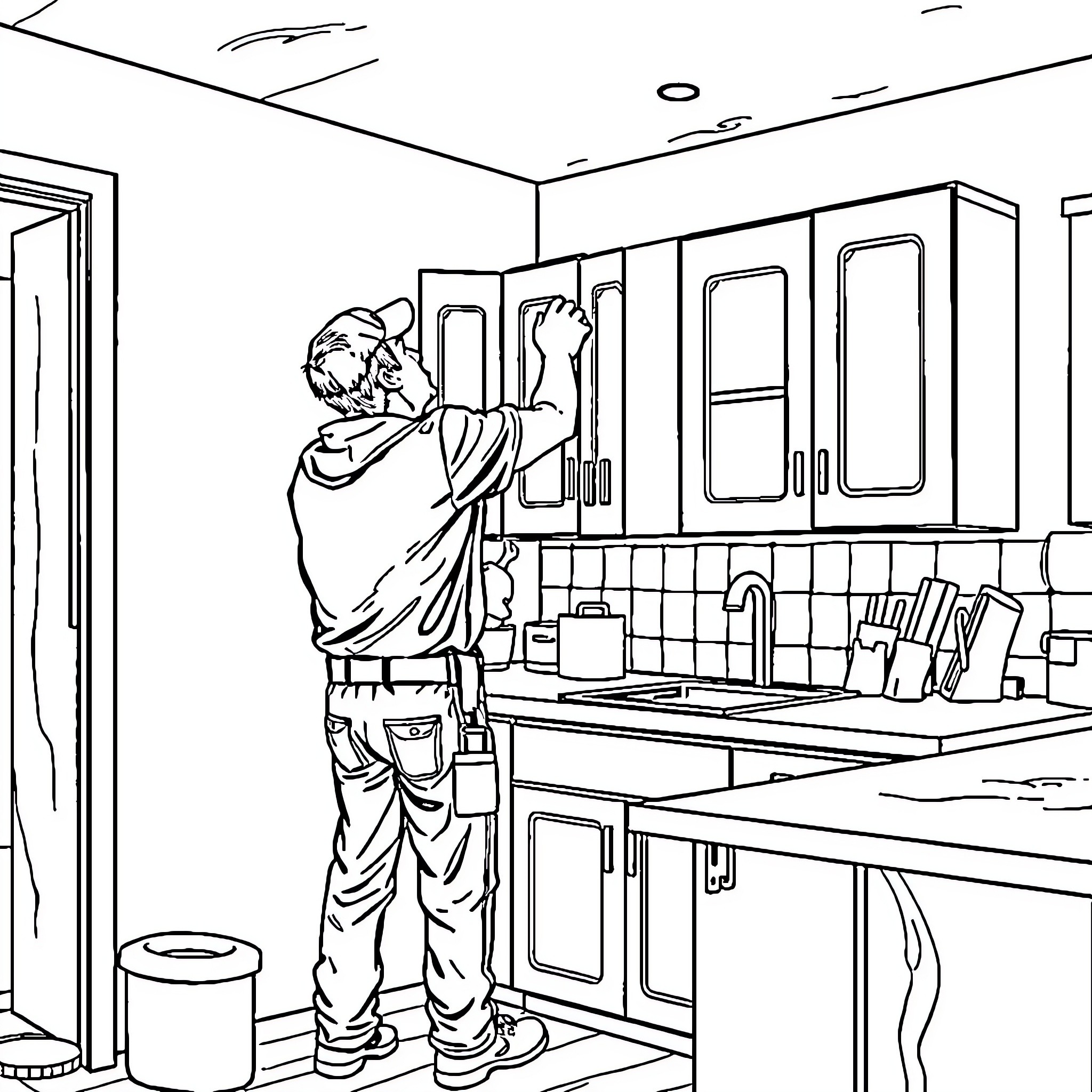 Carpenter at work in the kitchen Coloring Page (free black-and-white line drawing printable PDF for all, from beginners to advanced learners, including children, teens, adults, and seniors)