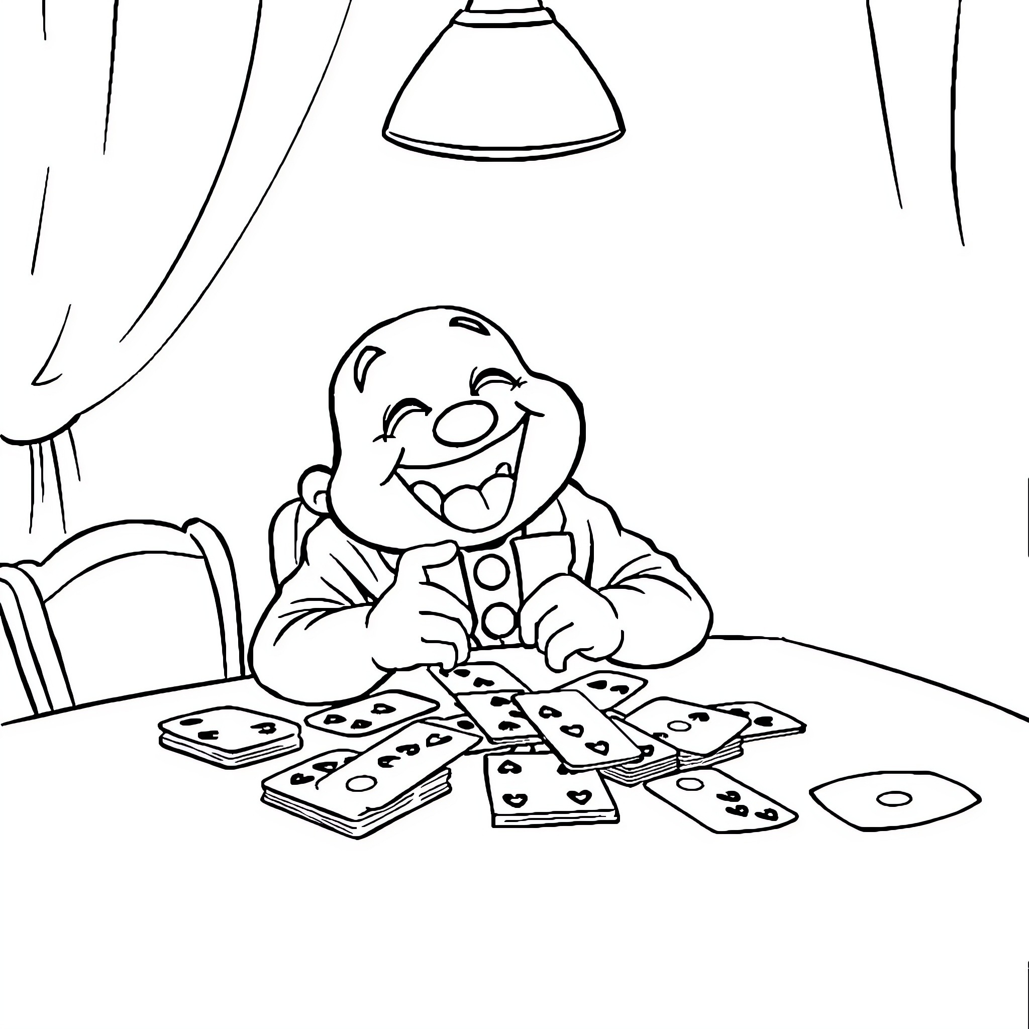 Labubu playing happily with toys at home Coloring Page (free black-and-white line drawing printable PDF for all, from beginners to advanced learners, including children, teens, adults, and seniors)