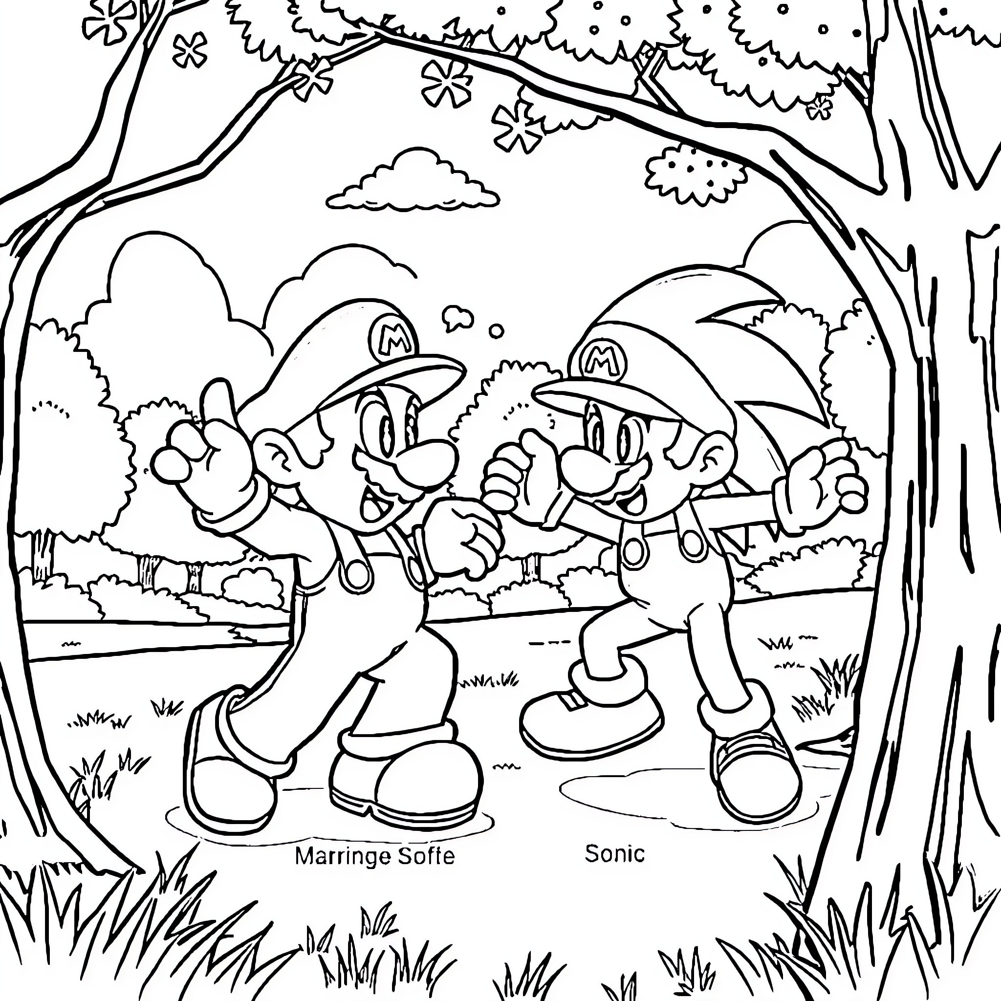 Mario and Sonic exploring the enchanted forest Coloring Page (free black-and-white line drawing printable PDF for all, from beginners to advanced learners, including children, teens, adults, and seniors)