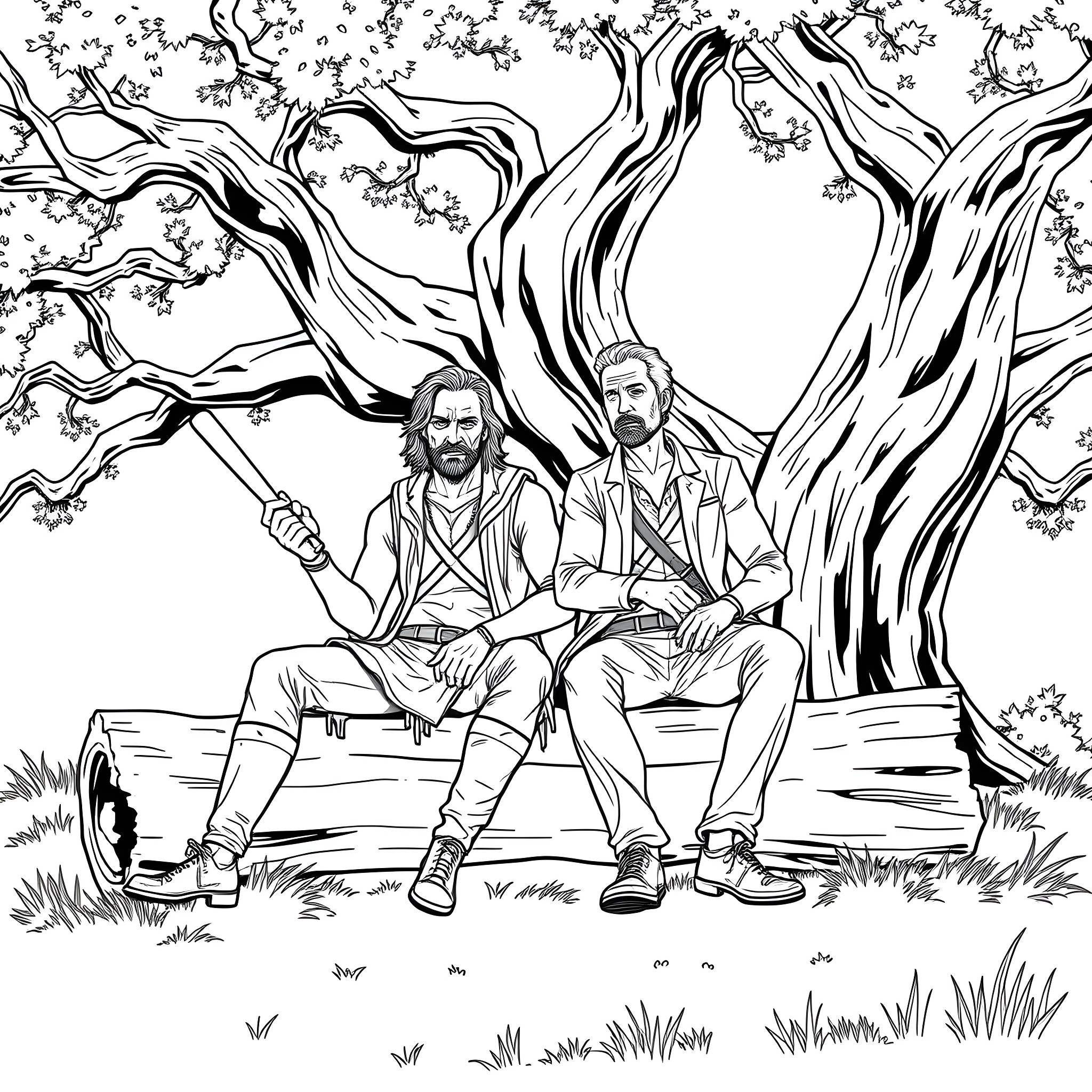 Negan and the Saviors resting under the tree Coloring Page (free black-and-white line drawing printable PDF for all, from beginners to advanced learners, including children, teens, adults, and seniors)