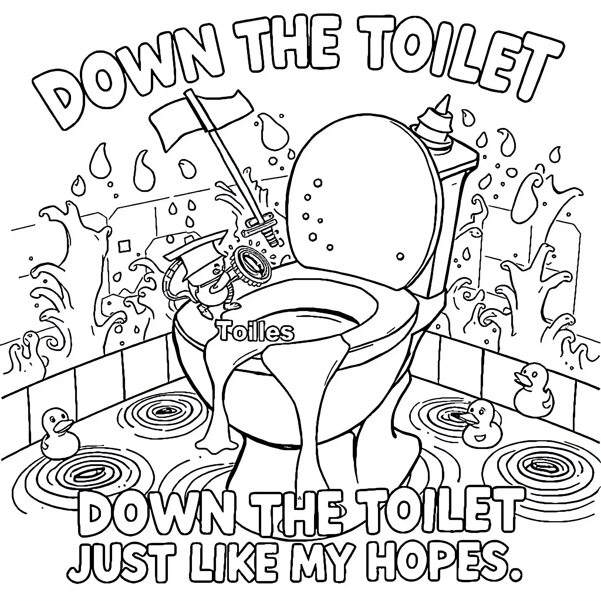 Toilet Mischief and Antics Coloring Page (free black-and-white line drawing printable PDF for all, from beginners to advanced learners, including children, teens, adults, and seniors)