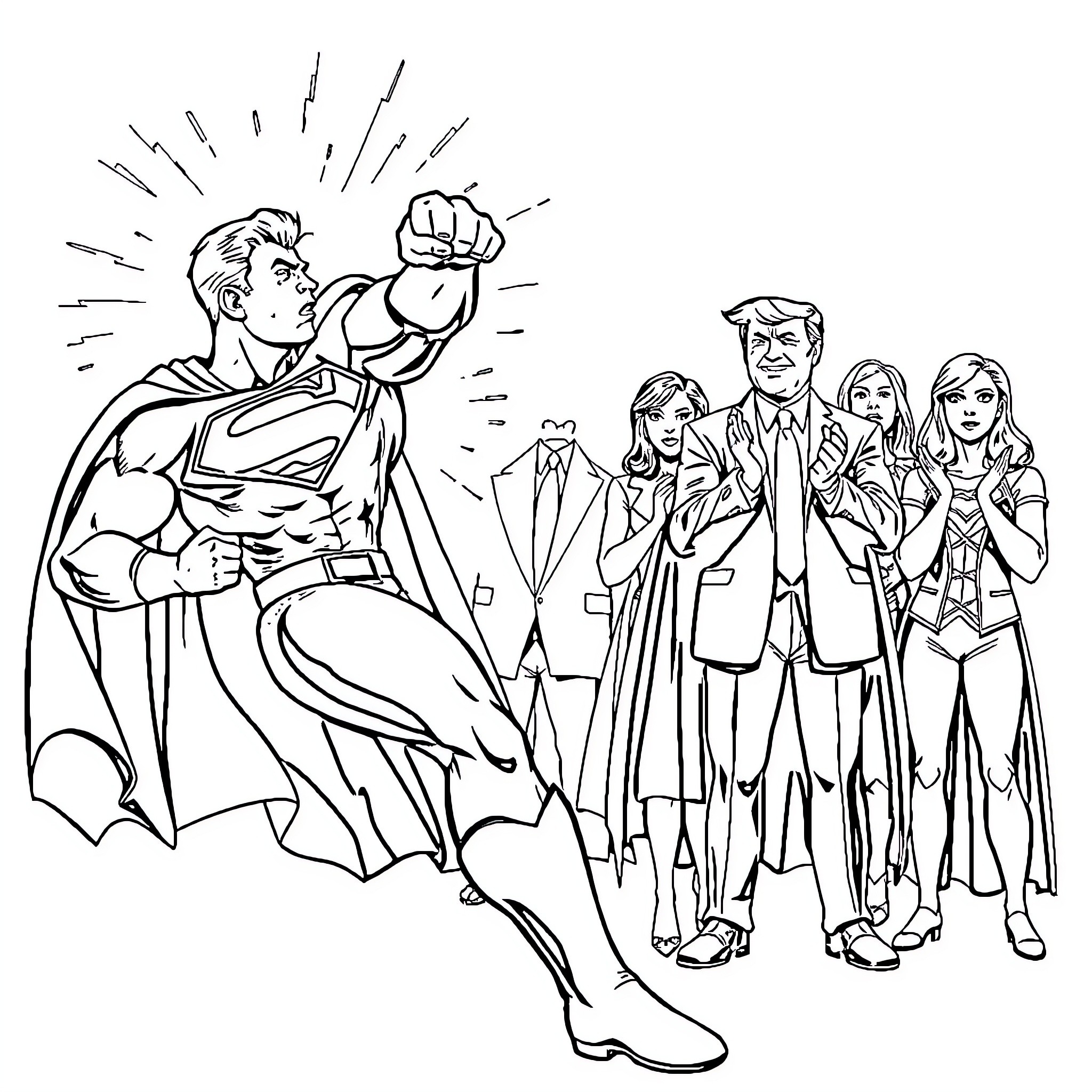 Superman heroically standing with family and friends Coloring Page (free black-and-white line drawing printable PDF for all, from beginners to advanced learners, including children, teens, adults, and seniors)