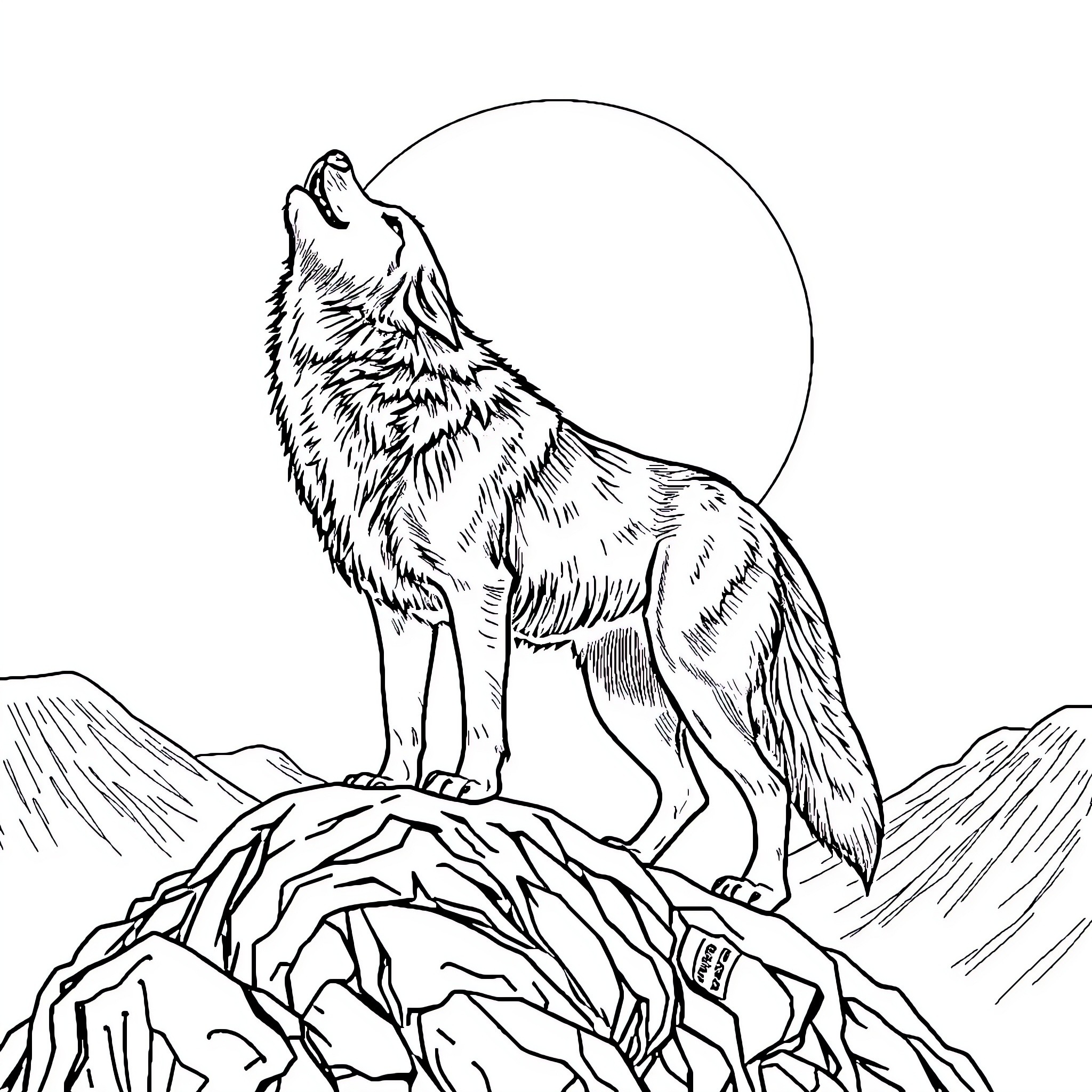 Wolf howling at the moon on a rocky cliff Coloring Page (free black-and-white line drawing printable PDF for all, from beginners to advanced learners, including children, teens, adults, and seniors)
