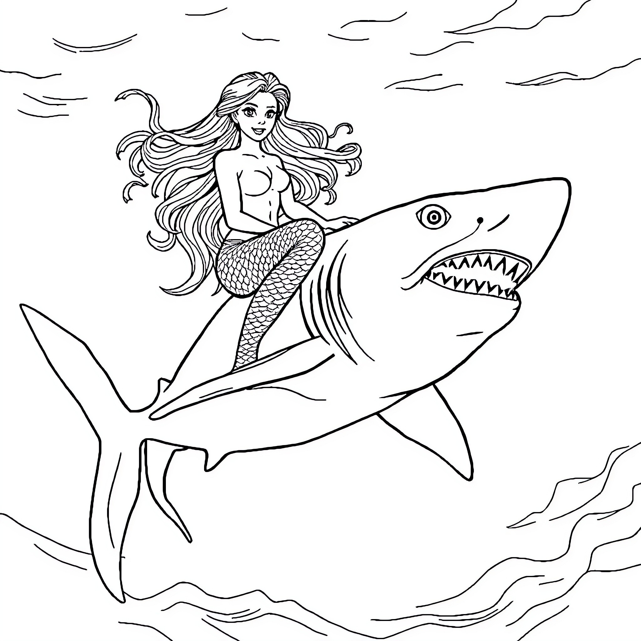 Mermaid riding a fierce shark in the ocean Coloring Page (free black-and-white line drawing printable PDF for all, from beginners to advanced learners, including children, teens, adults, and seniors)