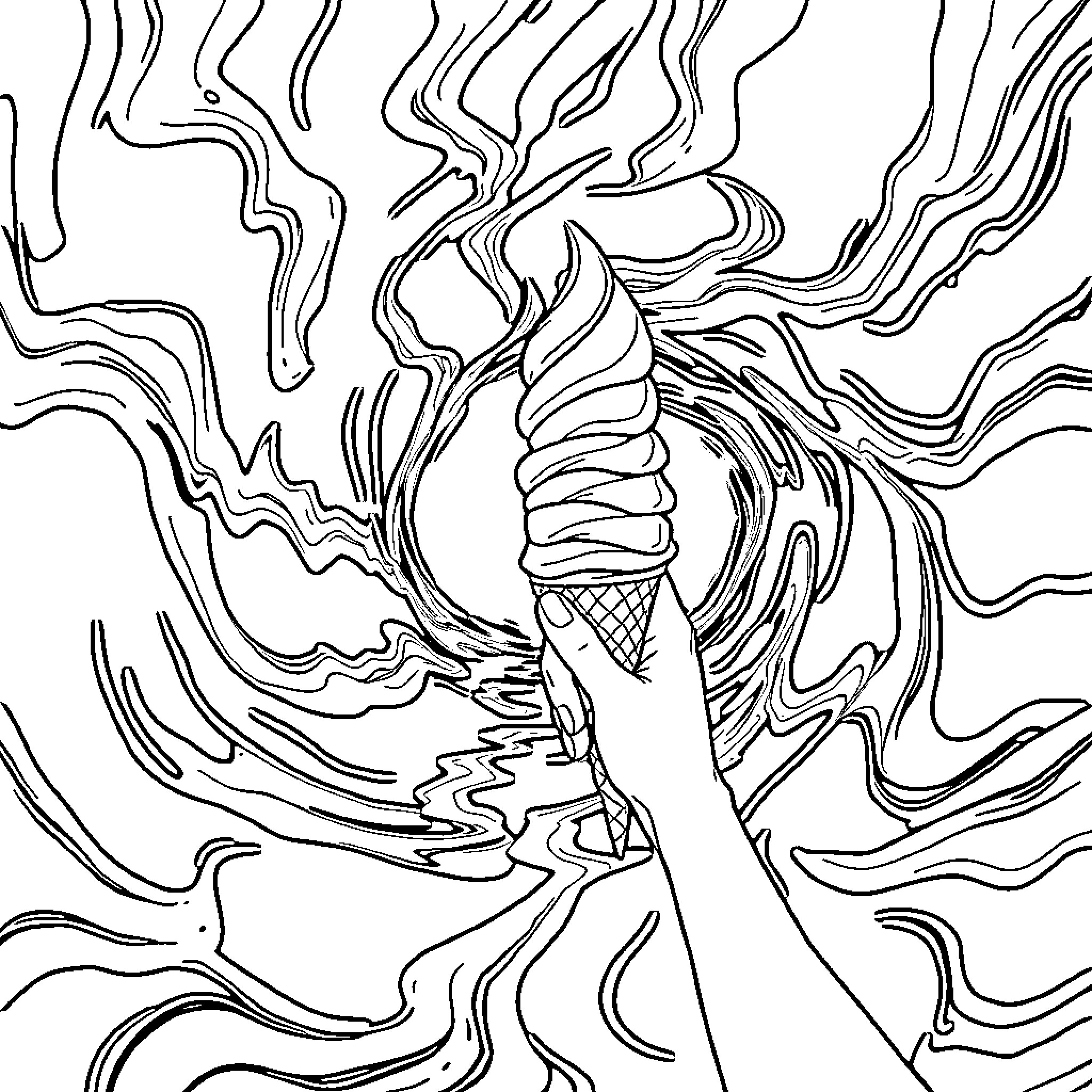 Blackhole swirling ice cream in a surreal landscape Coloring Page (free black-and-white line drawing printable PDF for all, from beginners to advanced learners, including children, teens, adults, and seniors)