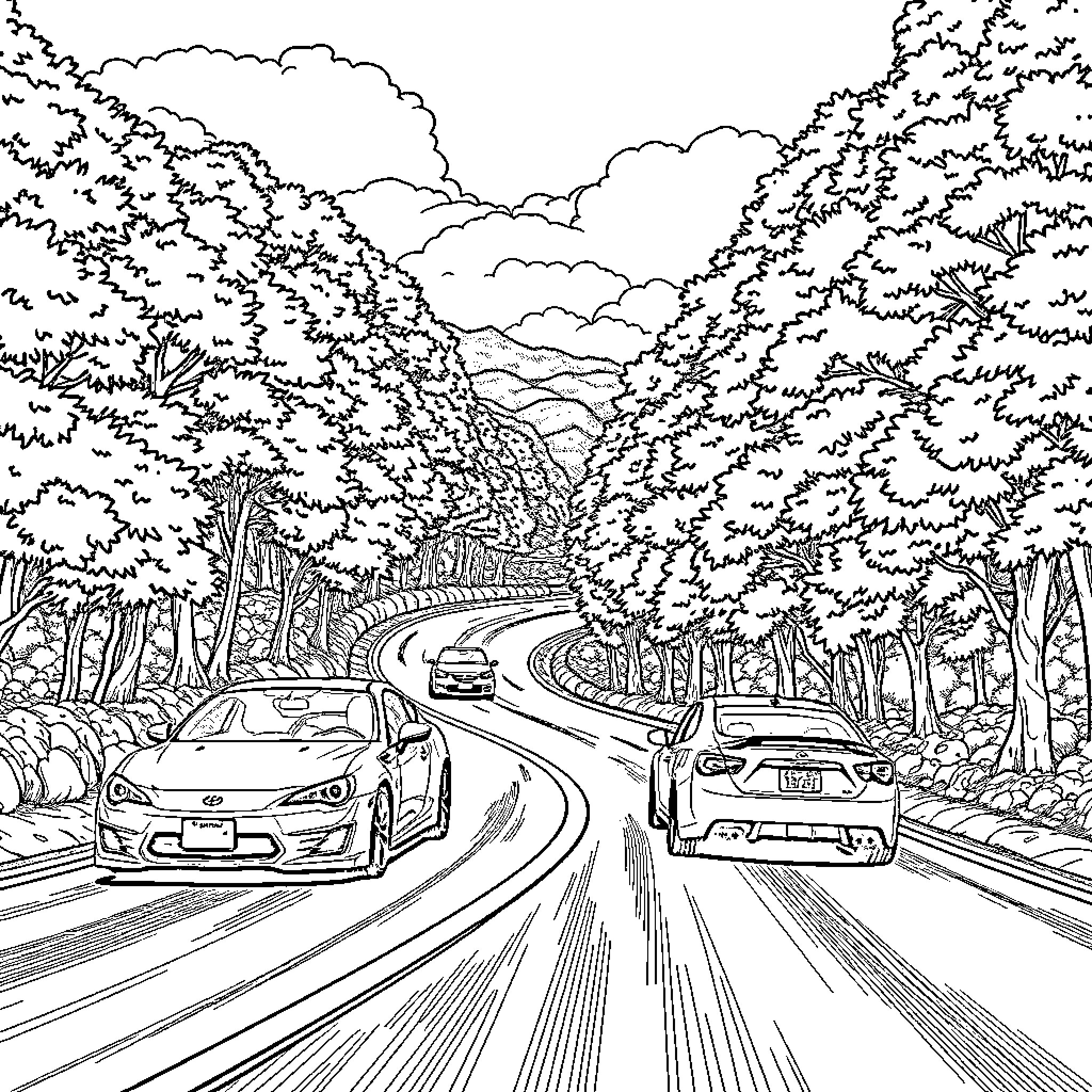Cars driving on winding forest road Coloring Page (free black-and-white line drawing printable PDF for all, from beginners to advanced learners, including children, teens, adults, and seniors)