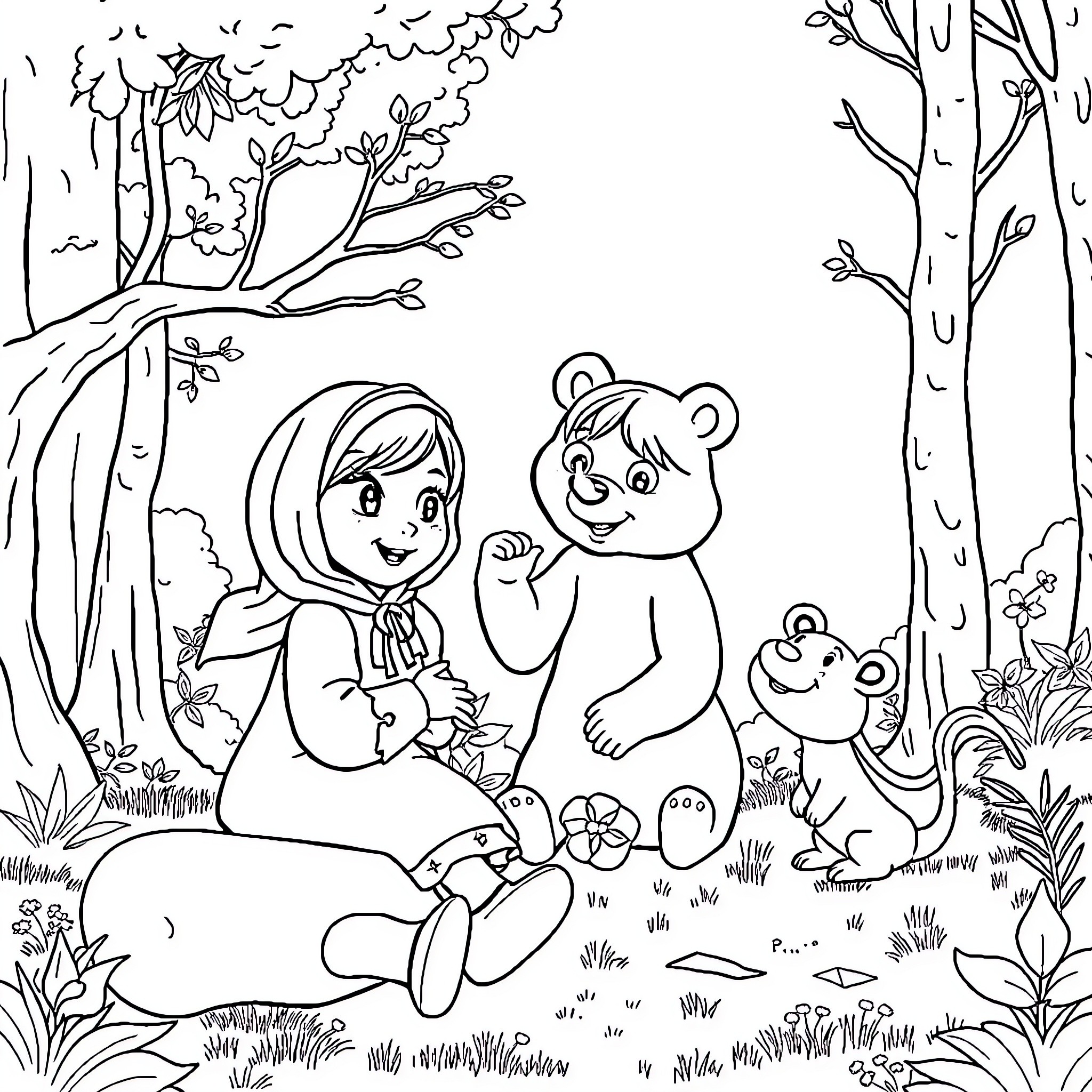 Masha and the Forest Animals Coloring Page (free black-and-white line drawing printable PDF for all, from beginners to advanced learners, including children, teens, adults, and seniors)