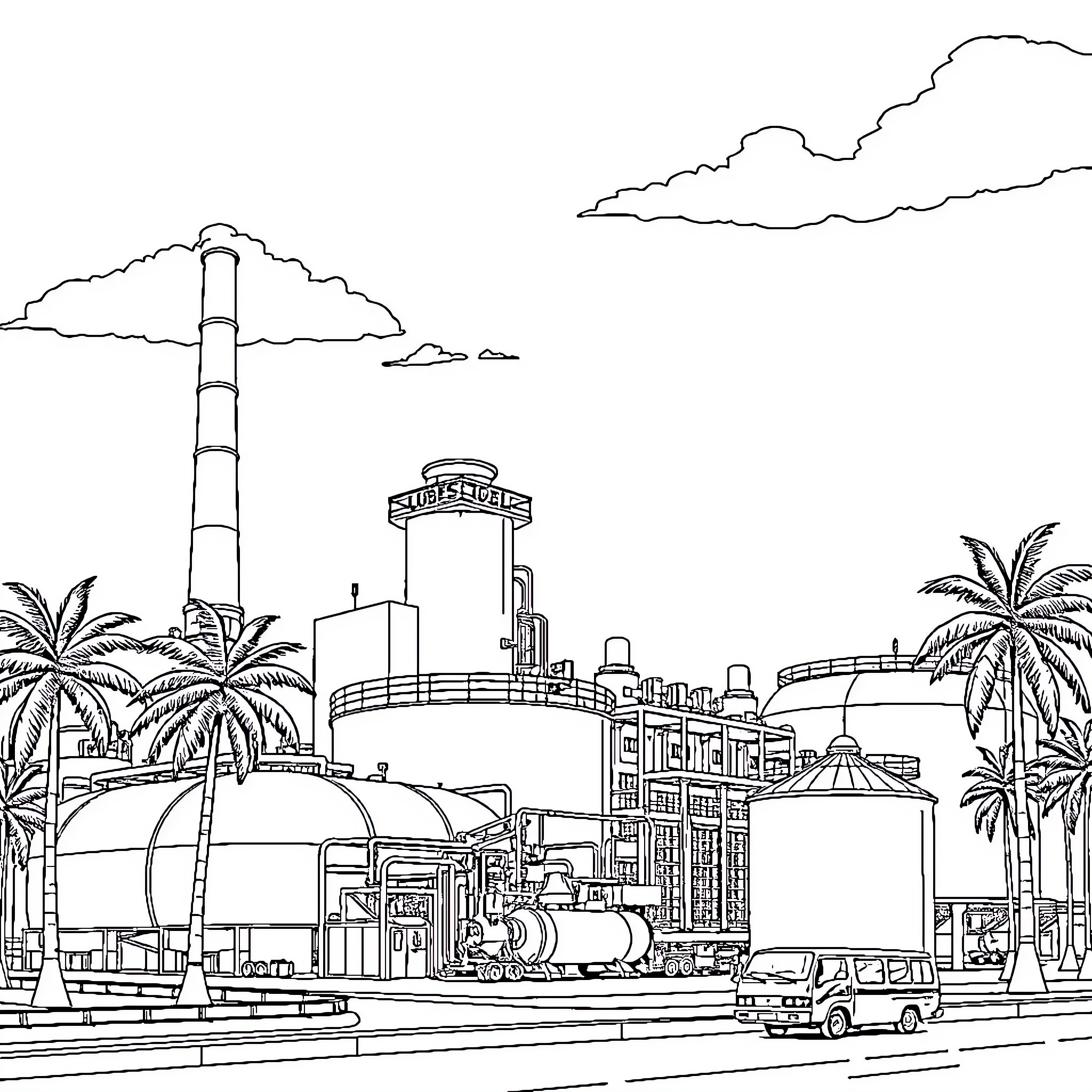 Lube Oil Industrial Factory in Tropical Cityscape Coloring Page (free black-and-white line drawing printable PDF for all, from beginners to advanced learners, including children, teens, adults, and seniors)