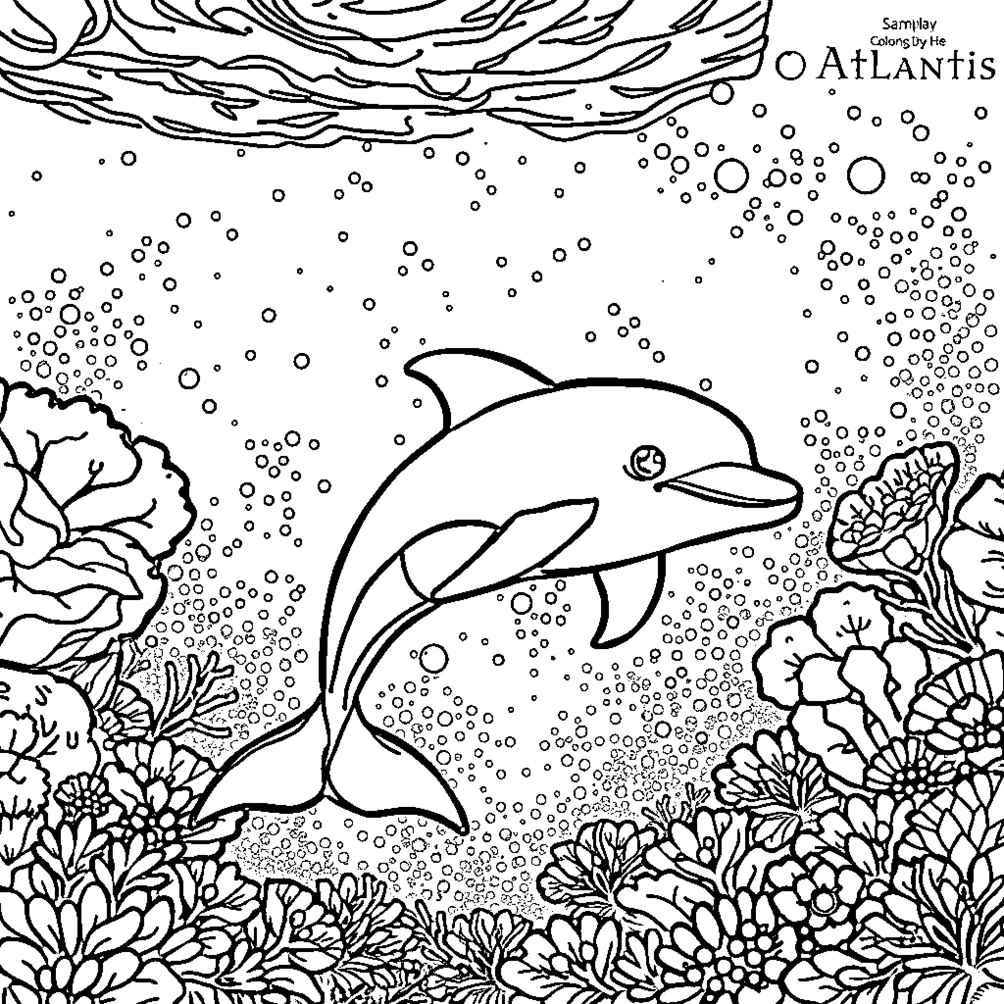 Dolphin swimming among coral reef Coloring Page (free black-and-white line drawing printable PDF for all, from beginners to advanced learners, including children, teens, adults, and seniors)