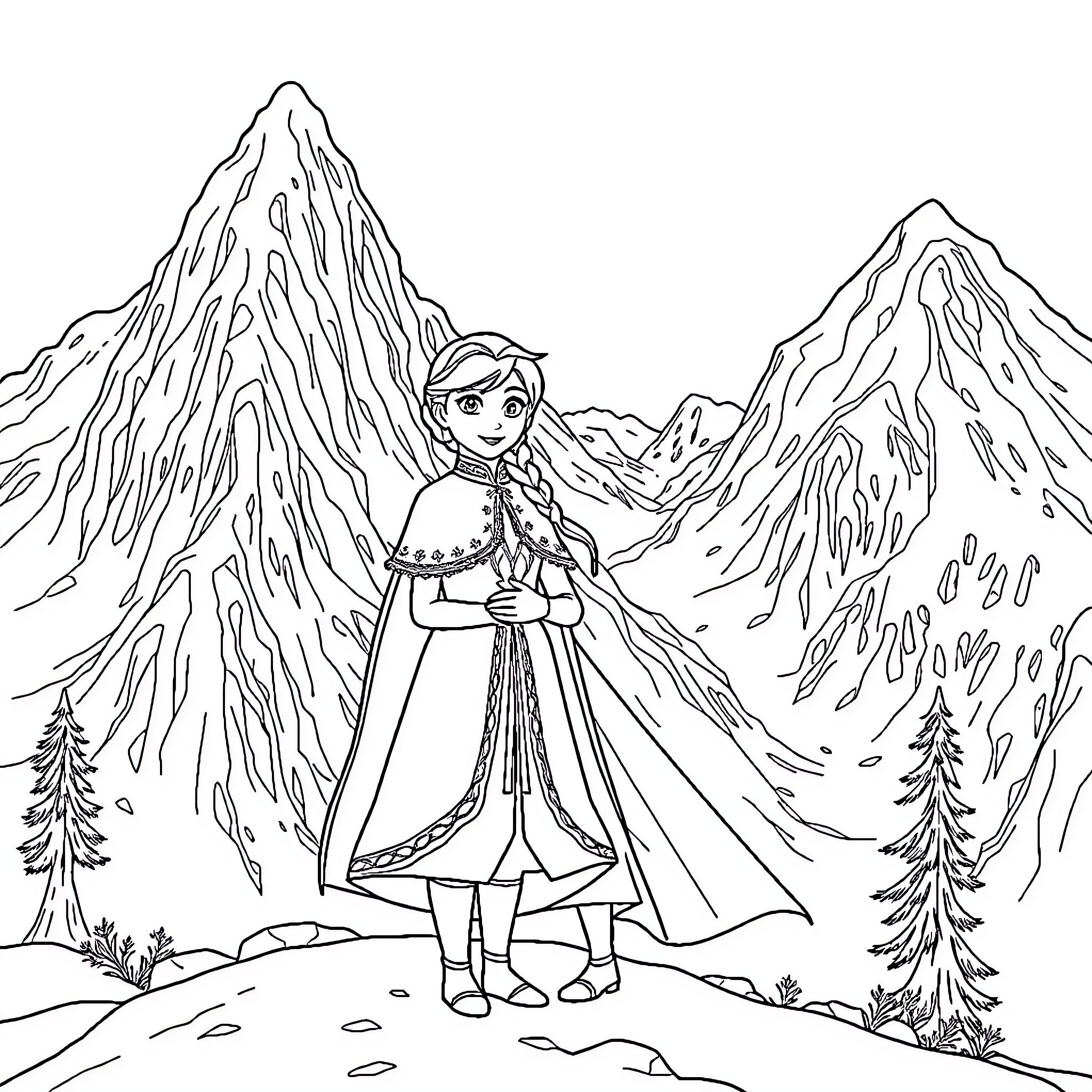 Anna and Elsa in the Frozen Winter Wonderland Coloring Page (free black-and-white line drawing printable PDF for all, from beginners to advanced learners, including children, teens, adults, and seniors)