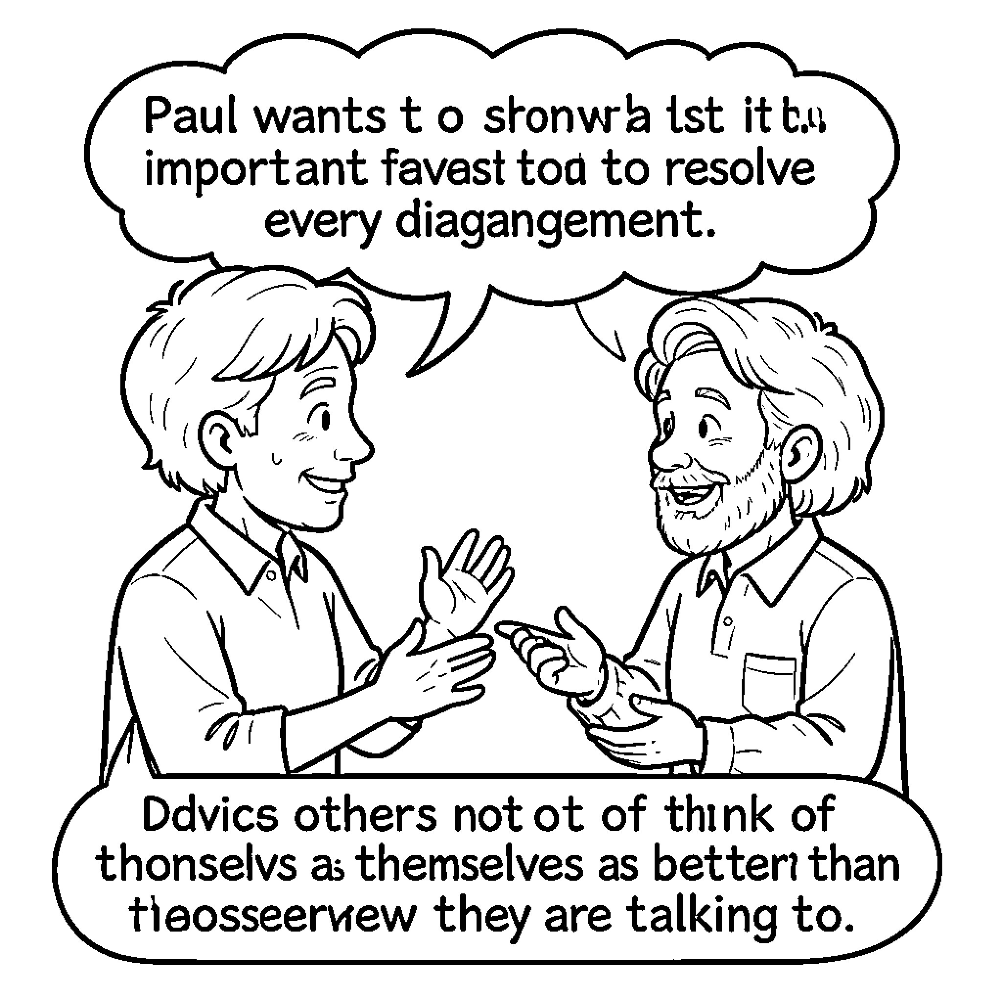 Paul talking and gesturing while having a conversation Coloring Page (free black-and-white line drawing printable PDF for all, from beginners to advanced learners, including children, teens, adults, and seniors)