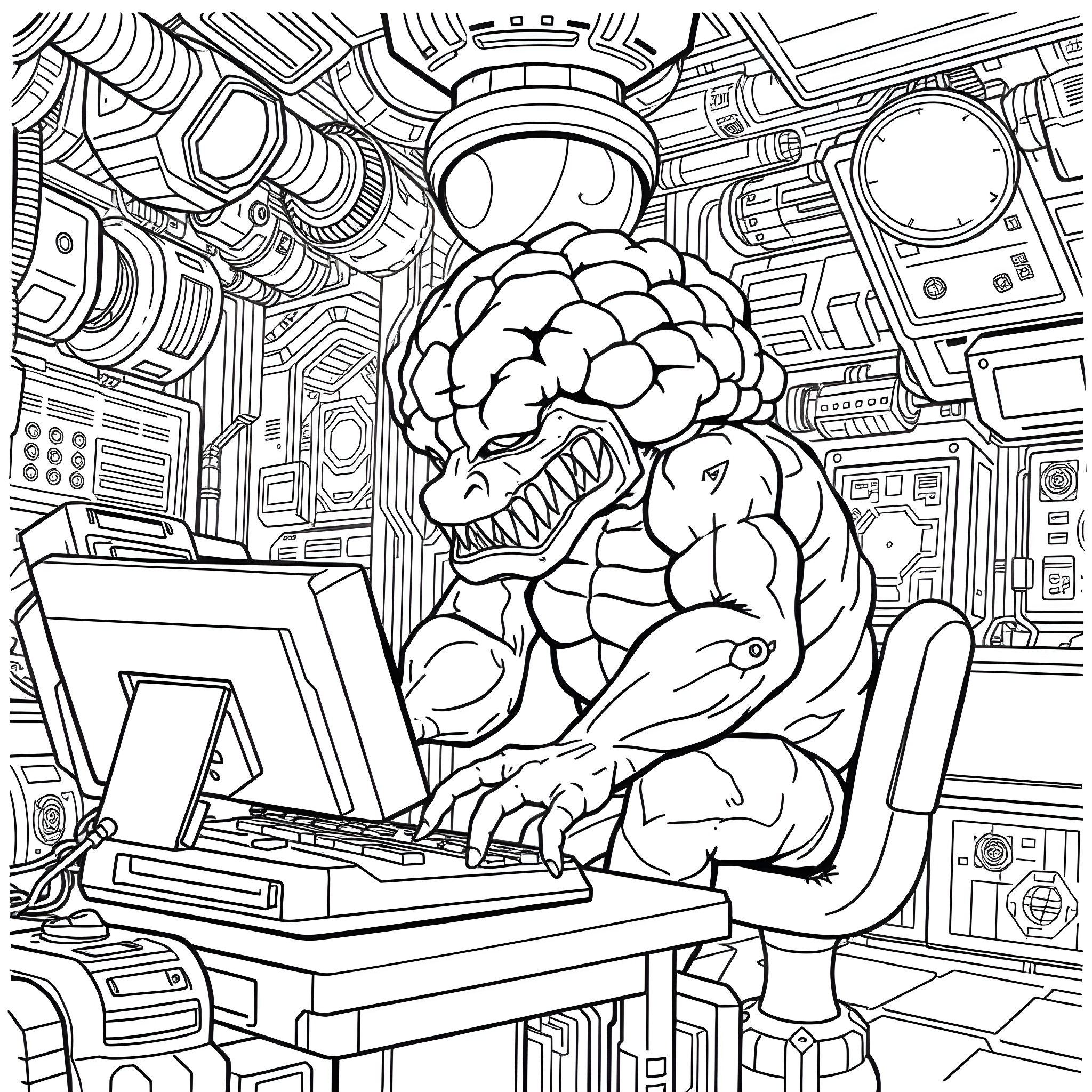 Krang operating computer in high-tech lair Coloring Page (free black-and-white line drawing printable PDF for all, from beginners to advanced learners, including children, teens, adults, and seniors)