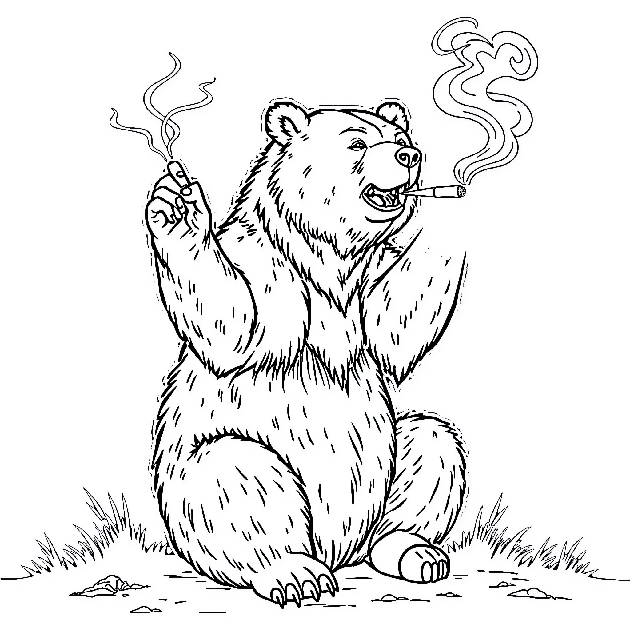 Grizzly Bear Smoking Cigar in Outdoor Scene Coloring Page (free black-and-white line drawing printable PDF for all, from beginners to advanced learners, including children, teens, adults, and seniors)