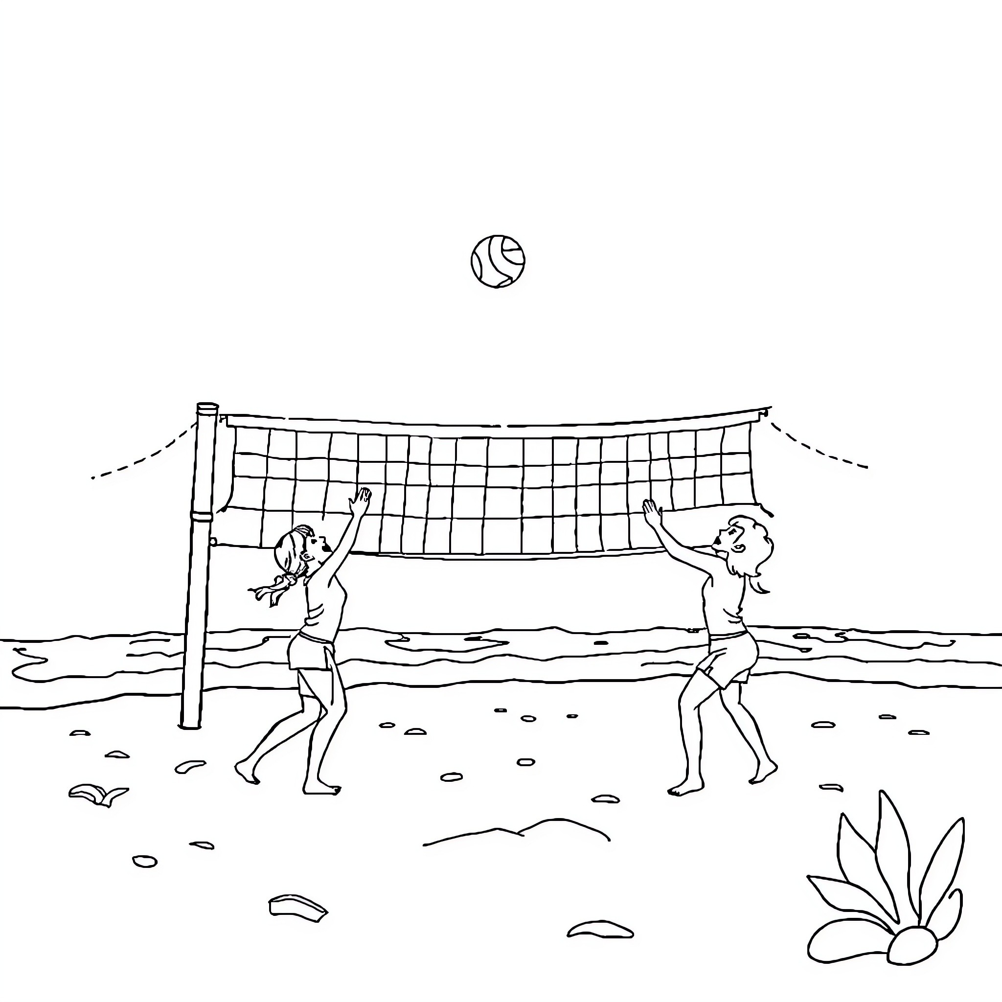 Volleyball players enjoying a game on the beach Coloring Page (free black-and-white line drawing printable PDF for all, from beginners to advanced learners, including children, teens, adults, and seniors)