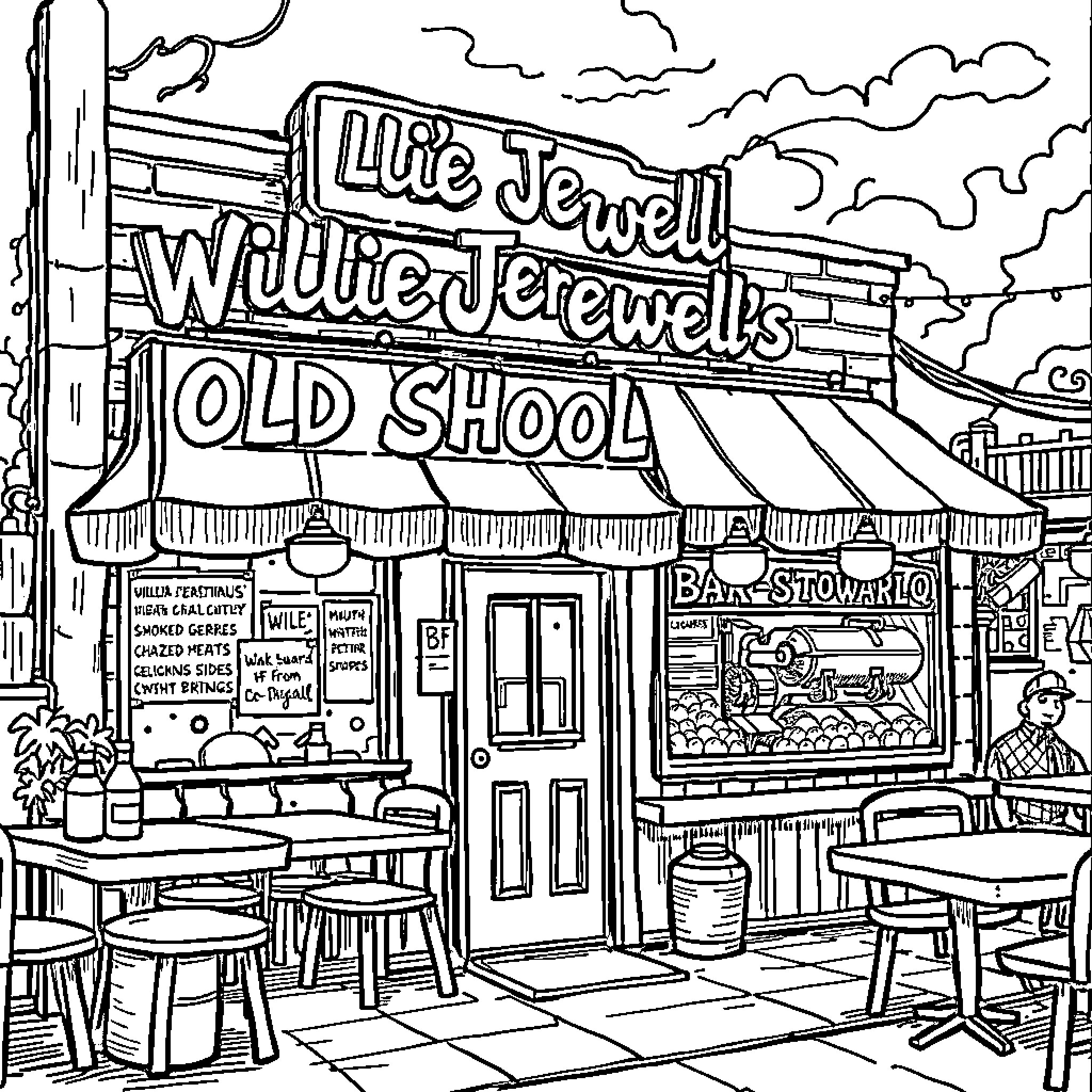 Barbecue at the Old School Diner Coloring Page (free black-and-white line drawing printable PDF for all, from beginners to advanced learners, including children, teens, adults, and seniors)