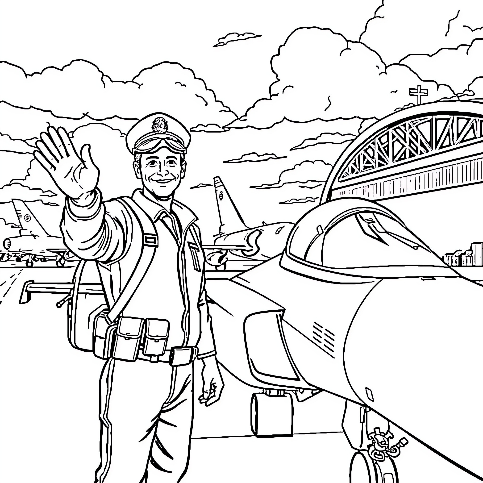 Pilot signals near aircraft on runway Coloring Page (free black-and-white line drawing printable PDF for all, from beginners to advanced learners, including children, teens, adults, and seniors)