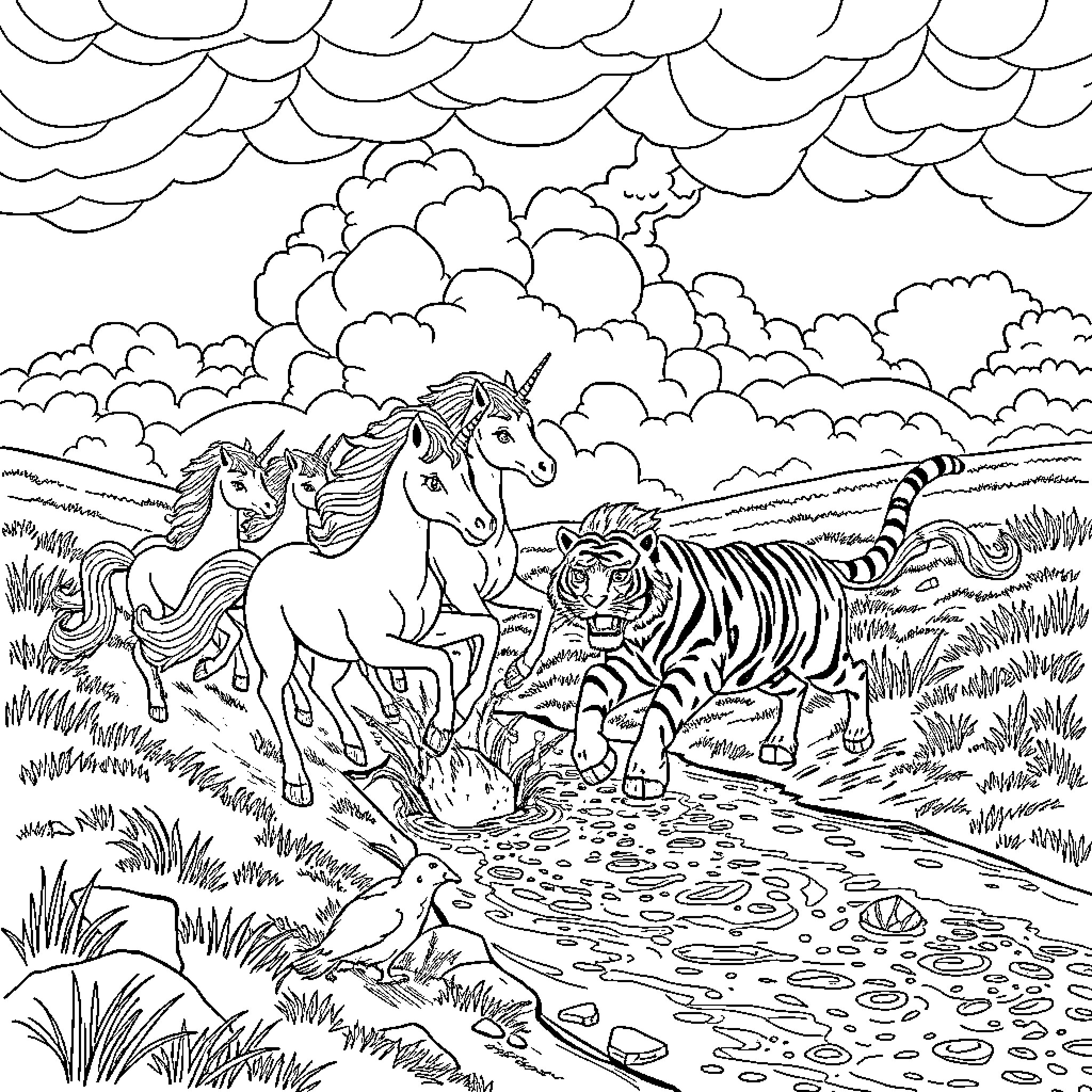 Unicorn Herd Frolicking With Tiger in Meadow Coloring Page (free black-and-white line drawing printable PDF for all, from beginners to advanced learners, including children, teens, adults, and seniors)