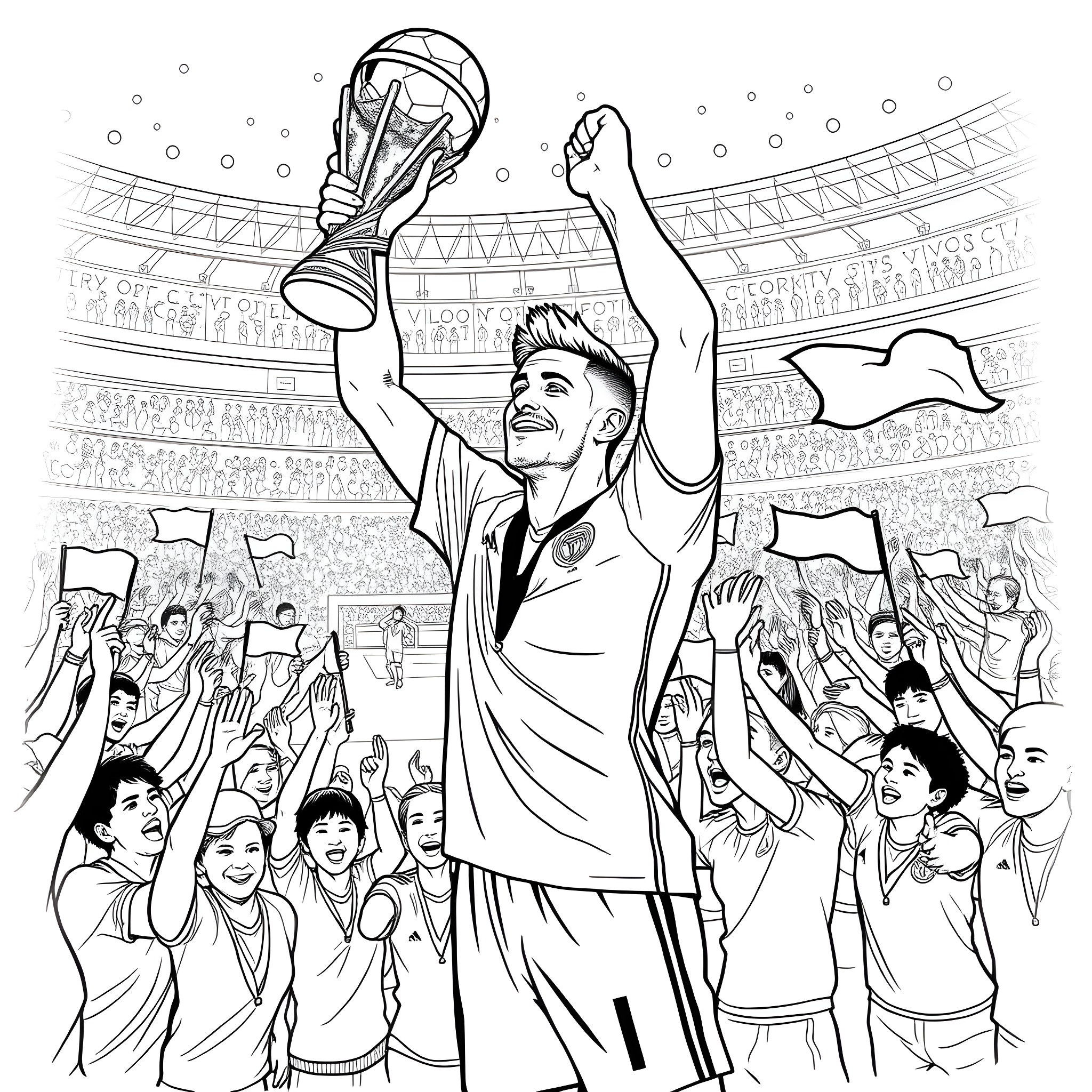 Cr7 Celebrates Champions League Victory with Fans Coloring Page (free black-and-white line drawing printable PDF for all, from beginners to advanced learners, including children, teens, adults, and seniors)