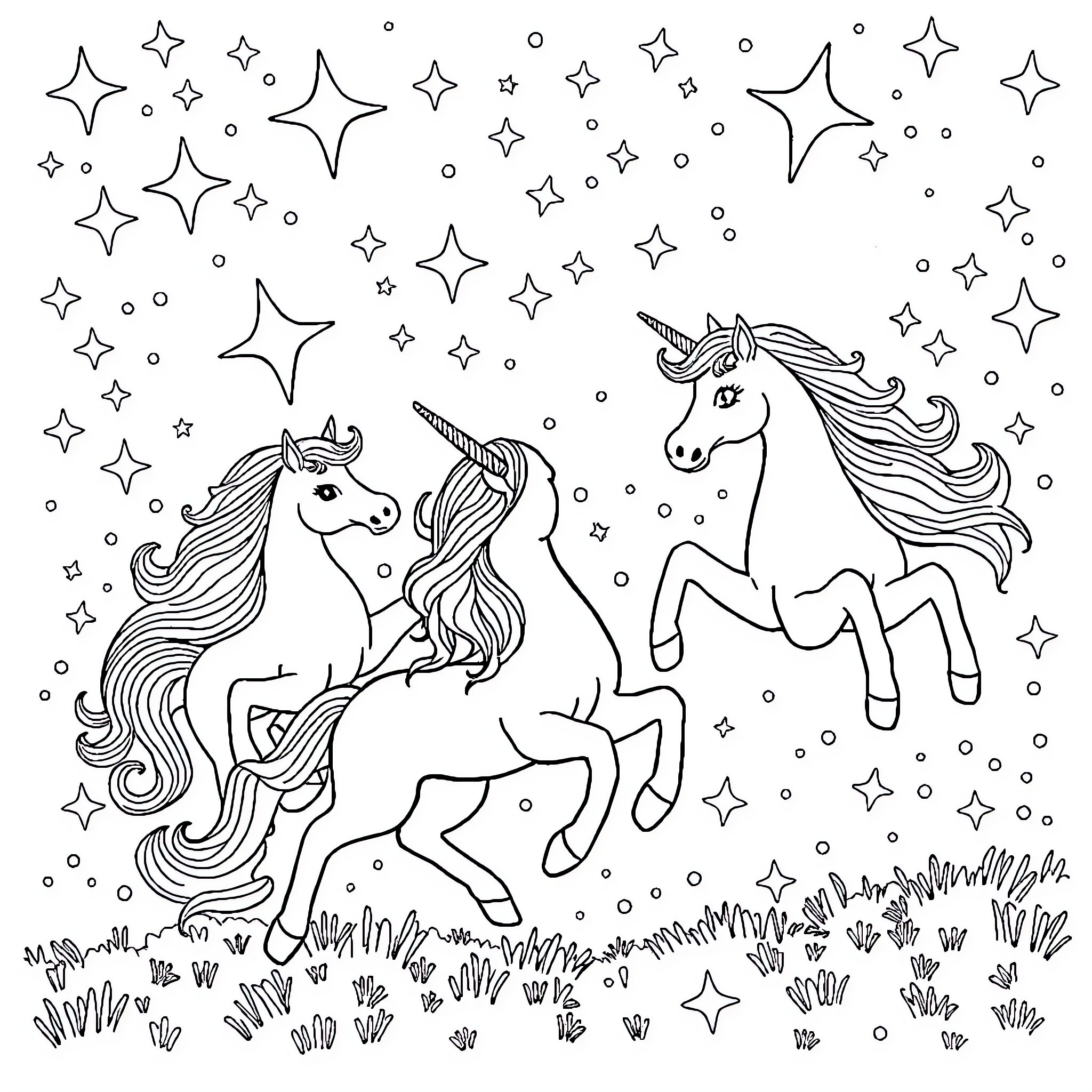 Unicorn Friends Frolicking Under Starry Skies Coloring Page (free black-and-white line drawing printable PDF for all, from beginners to advanced learners, including children, teens, adults, and seniors)