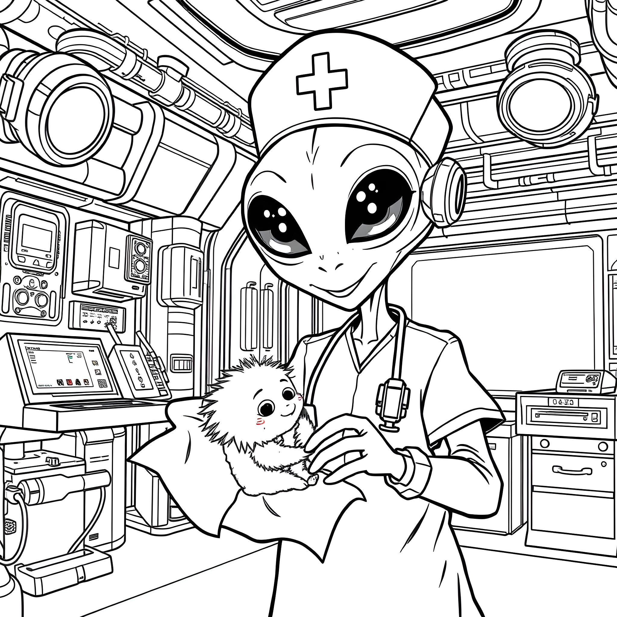 Alien doctor tending to a furry patient in a futuristic medical bay Coloring Page (free black-and-white line drawing printable PDF for all, from beginners to advanced learners, including children, teens, adults, and seniors)