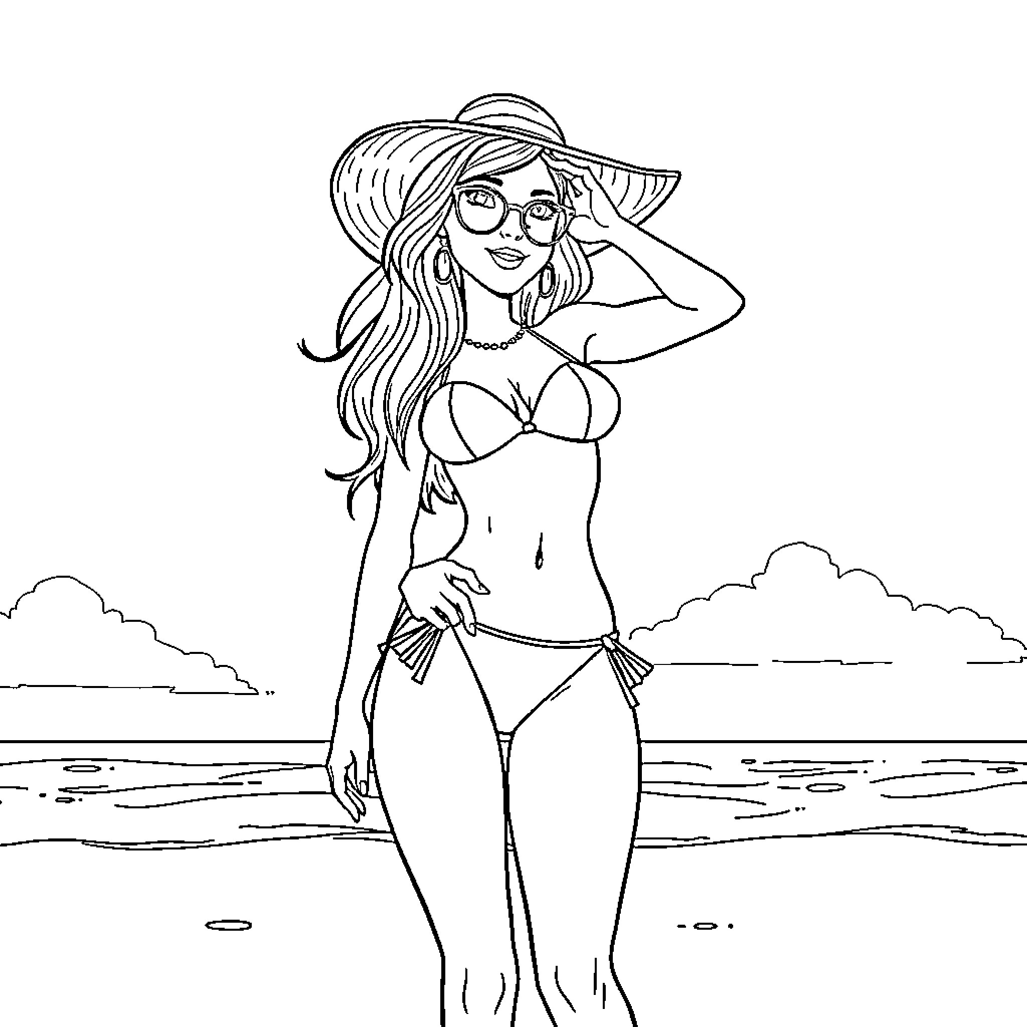 Rizzler Enjoying the Beach in Style Coloring Page (free black-and-white line drawing printable PDF for all, from beginners to advanced learners, including children, teens, adults, and seniors)
