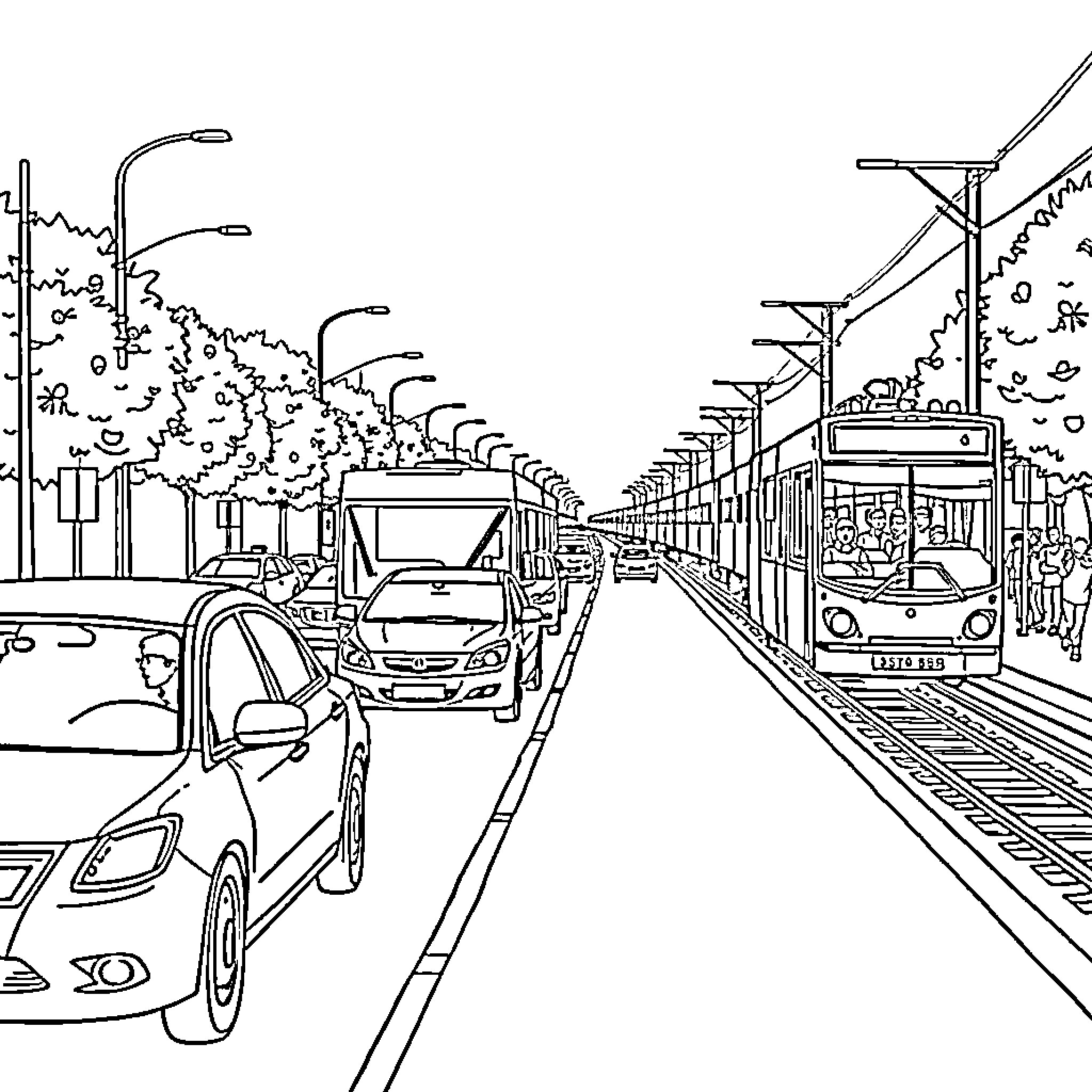 Vehicle on bustling urban street with public transportation Coloring Page (free black-and-white line drawing printable PDF for all, from beginners to advanced learners, including children, teens, adults, and seniors)