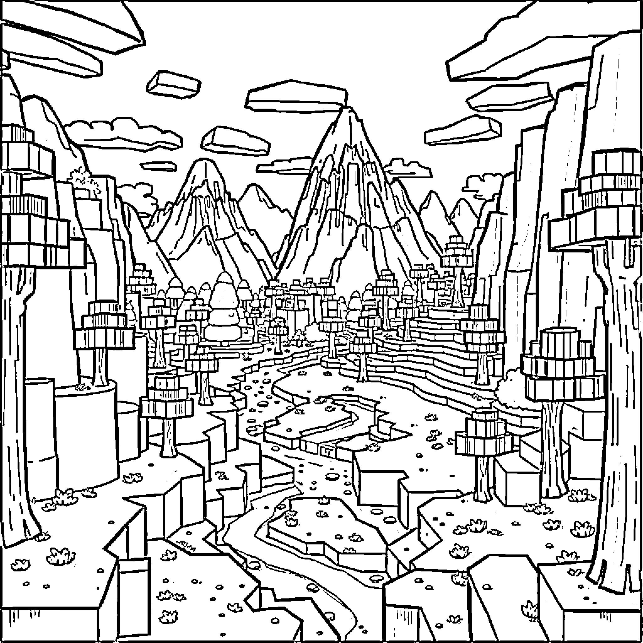 Minecraft Cityscape with Majestic Mountains Coloring Page (free black-and-white line drawing printable PDF for all, from beginners to advanced learners, including children, teens, adults, and seniors)