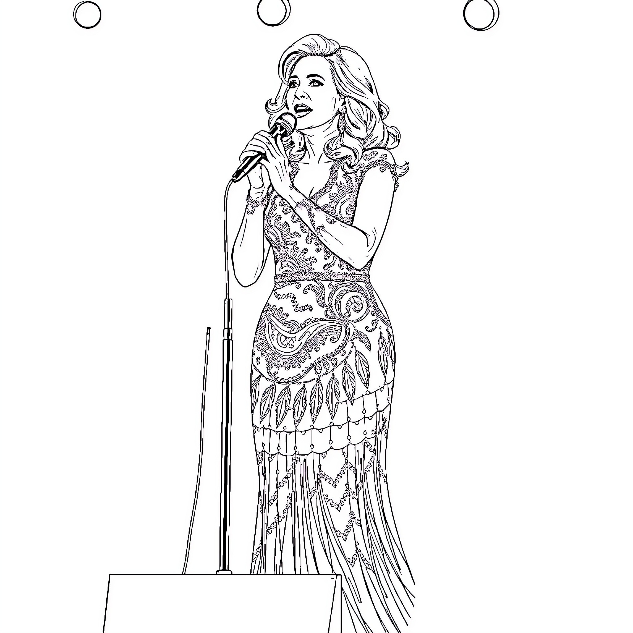 Céline Dion singing on stage in ornate dress Coloring Page (free black-and-white line drawing printable PDF for all, from beginners to advanced learners, including children, teens, adults, and seniors)