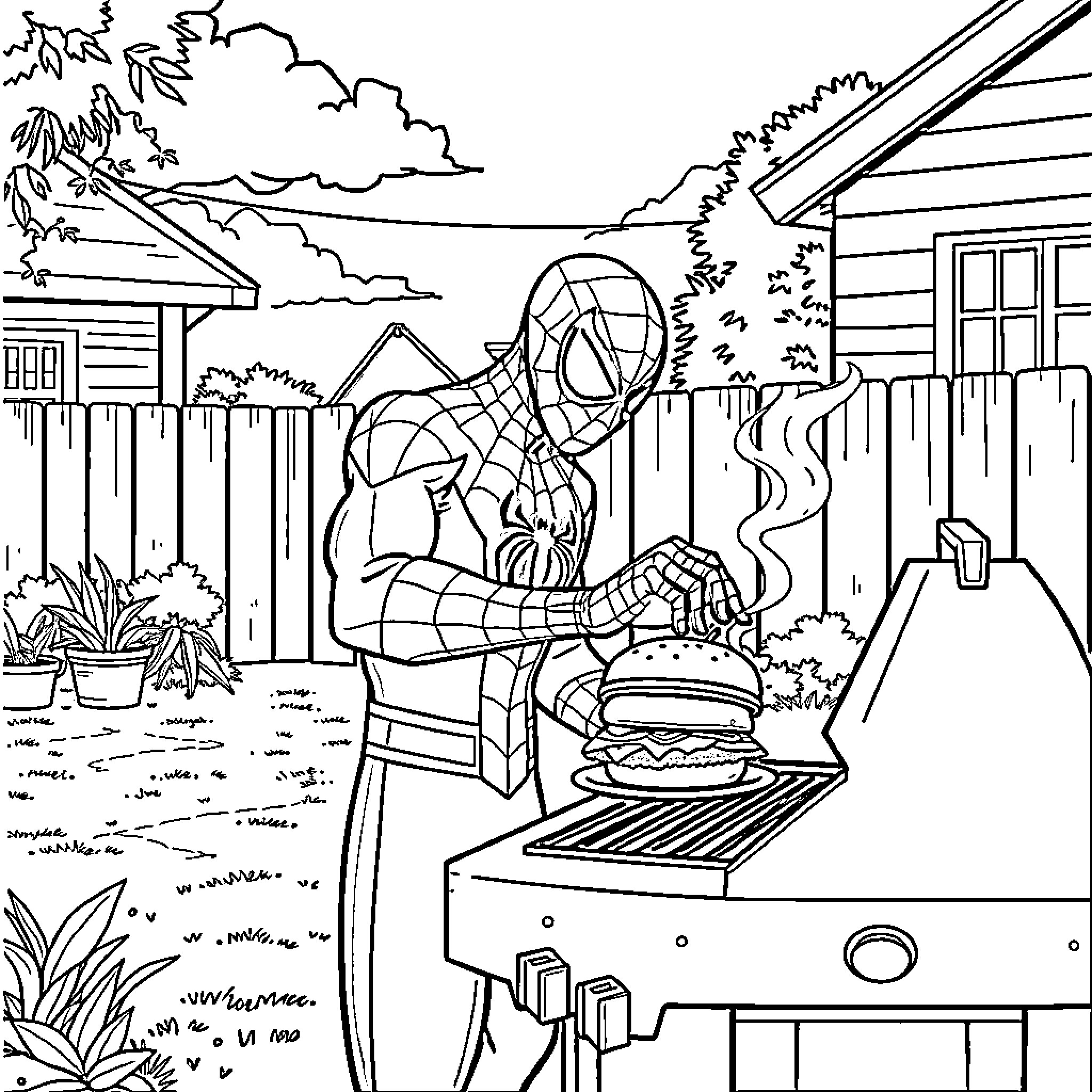 Spiderman grilling burgers at backyard BBQ Coloring Page (free black-and-white line drawing printable PDF for all, from beginners to advanced learners, including children, teens, adults, and seniors)
