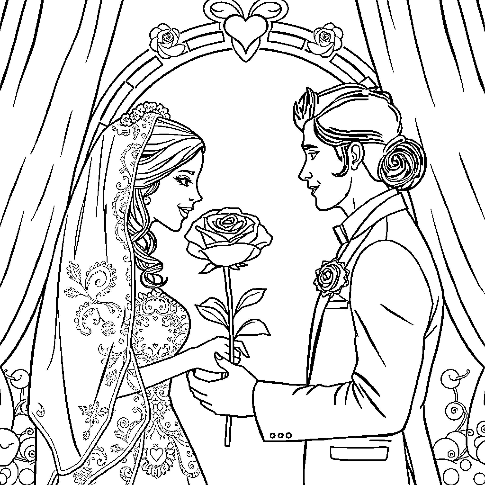 Novio's Romantic Proposal in a Lavish Setting Coloring Page (free black-and-white line drawing printable PDF for all, from beginners to advanced learners, including children, teens, adults, and seniors)