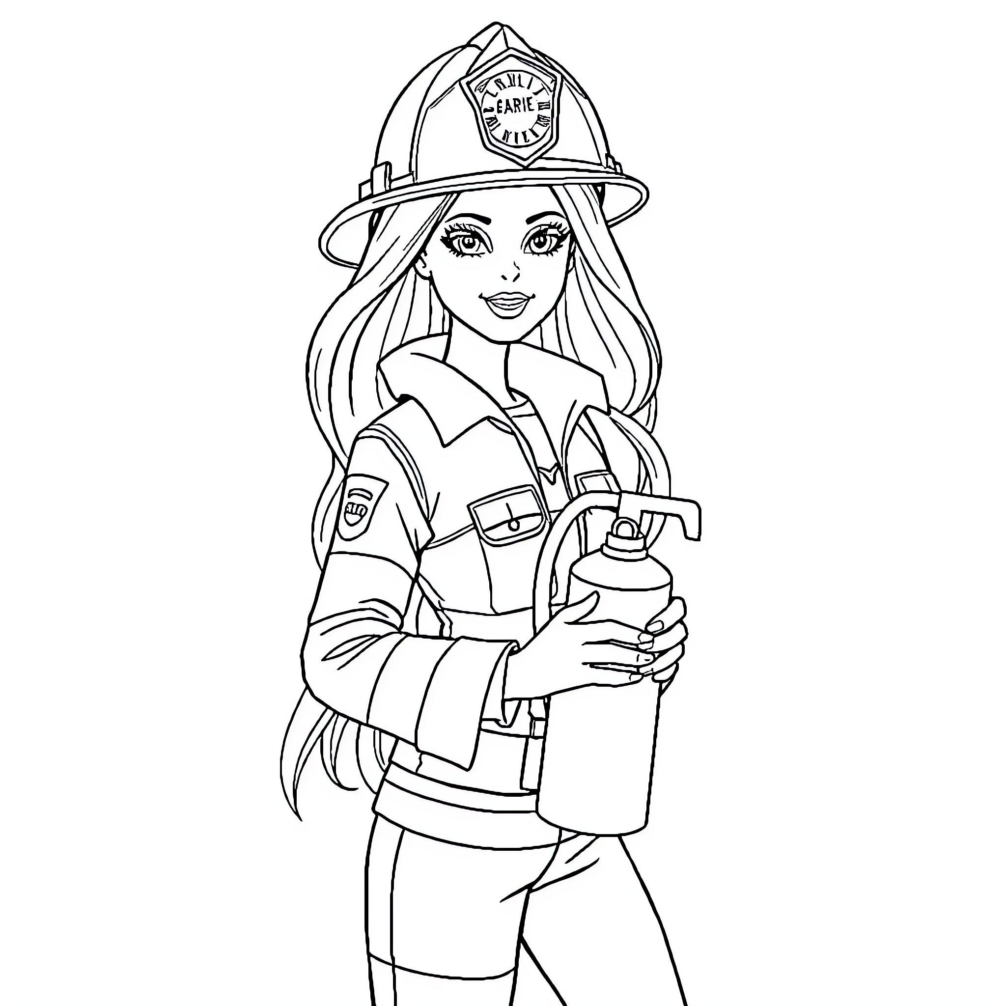 Barbie as a Firefighter in Action Coloring Page (free black-and-white line drawing printable PDF for all, from beginners to advanced learners, including children, teens, adults, and seniors)