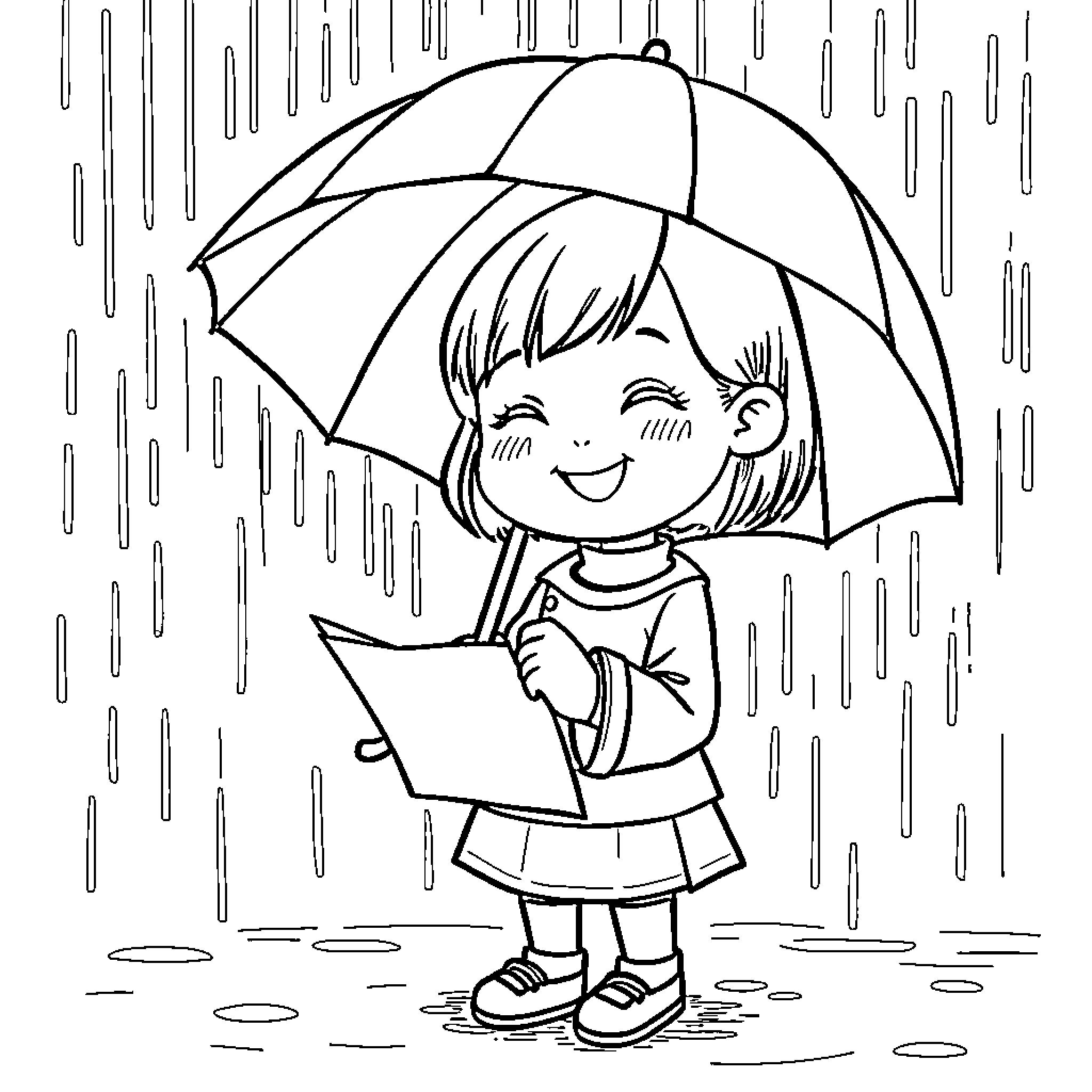 Girl walking in the rain with umbrella Coloring Page (free black-and-white line drawing printable PDF for all, from beginners to advanced learners, including children, teens, adults, and seniors)