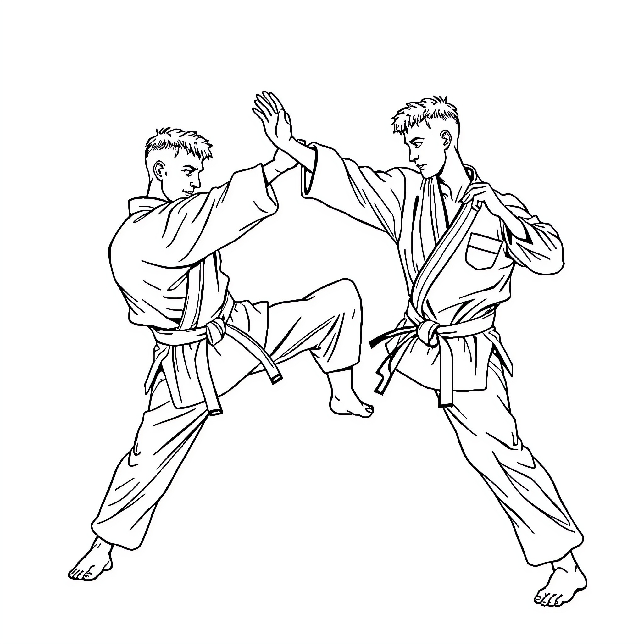 Kyokushin Fighters in Action Coloring Page (free black-and-white line drawing printable PDF for all, from beginners to advanced learners, including children, teens, adults, and seniors)