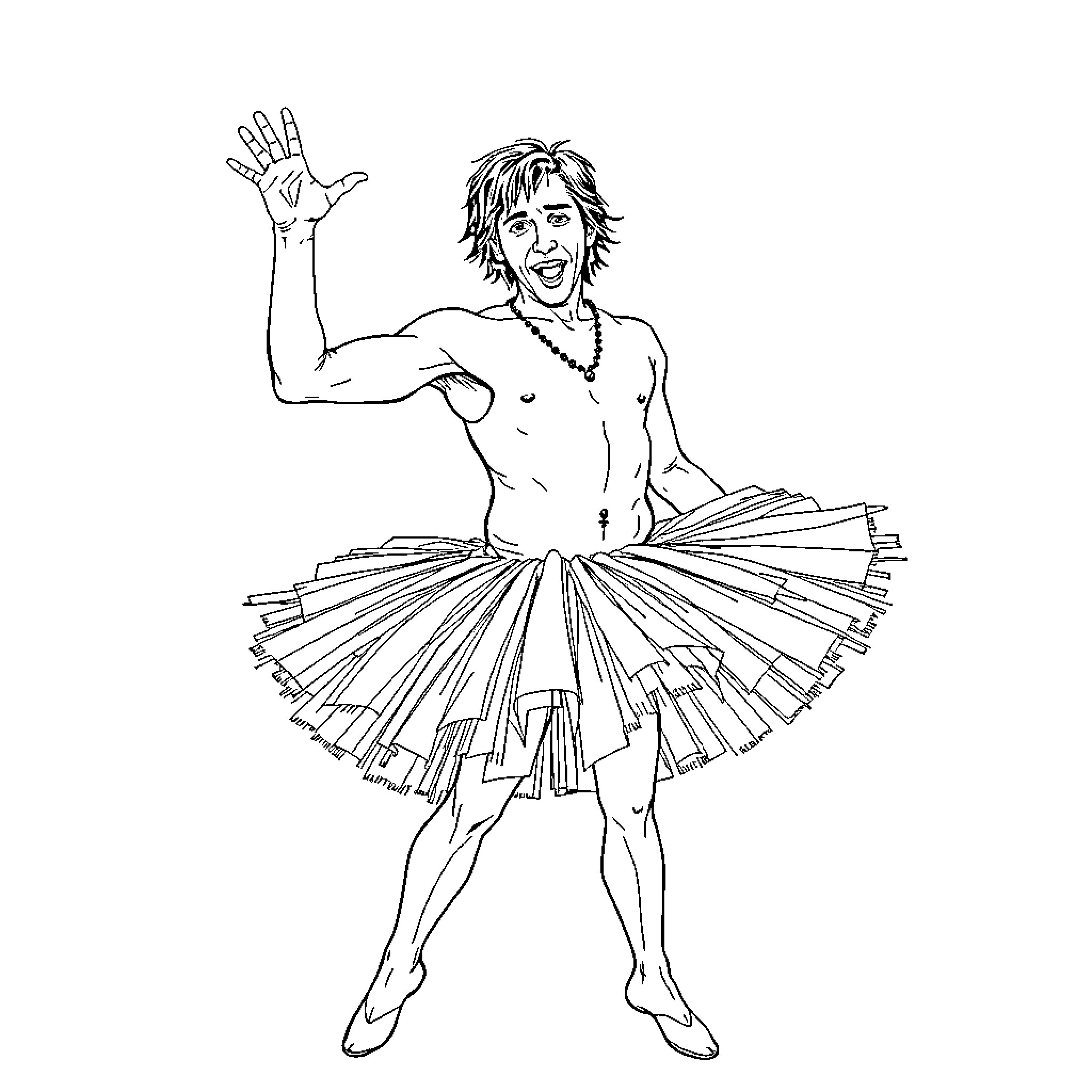 Trent Reznor dancing in a tutu Coloring Page (free black-and-white line drawing printable PDF for all, from beginners to advanced learners, including children, teens, adults, and seniors)