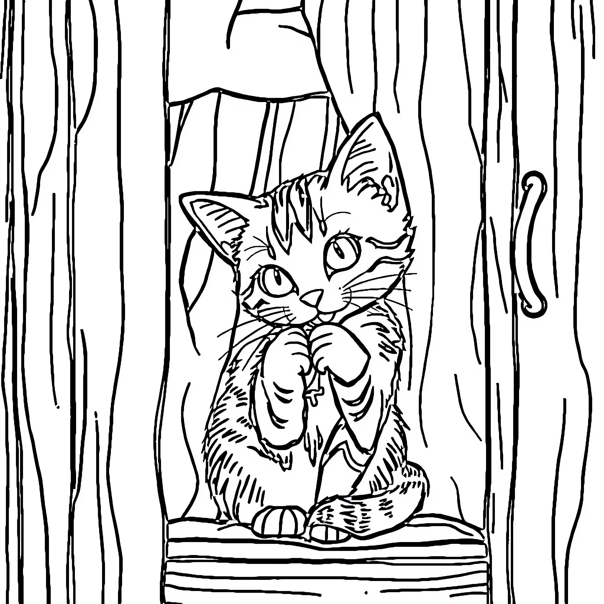 Cat in a cozy cabin Coloring Page (free black-and-white line drawing printable PDF for all, from beginners to advanced learners, including children, teens, adults, and seniors)