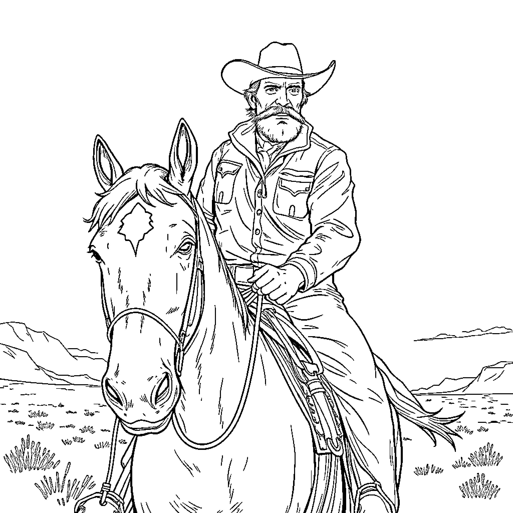 Arthur Morgan riding his horse in the wilderness Coloring Page (free black-and-white line drawing printable PDF for all, from beginners to advanced learners, including children, teens, adults, and seniors)