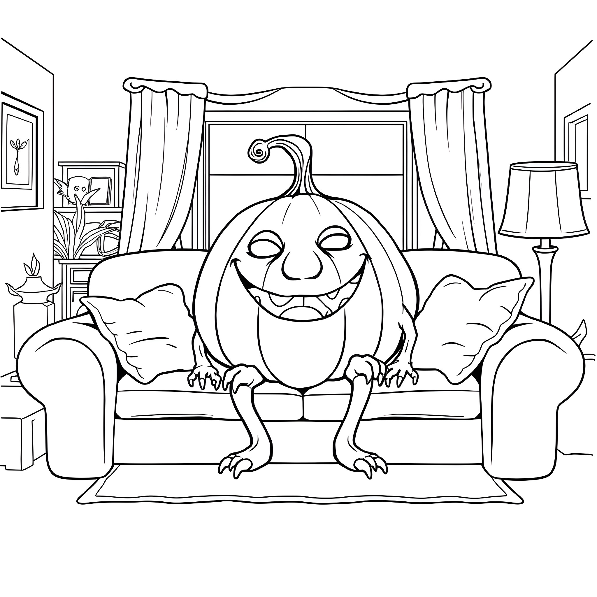 Monster relaxing happily on a cozy sofa Coloring Page (free black-and-white line drawing printable PDF for all, from beginners to advanced learners, including children, teens, adults, and seniors)