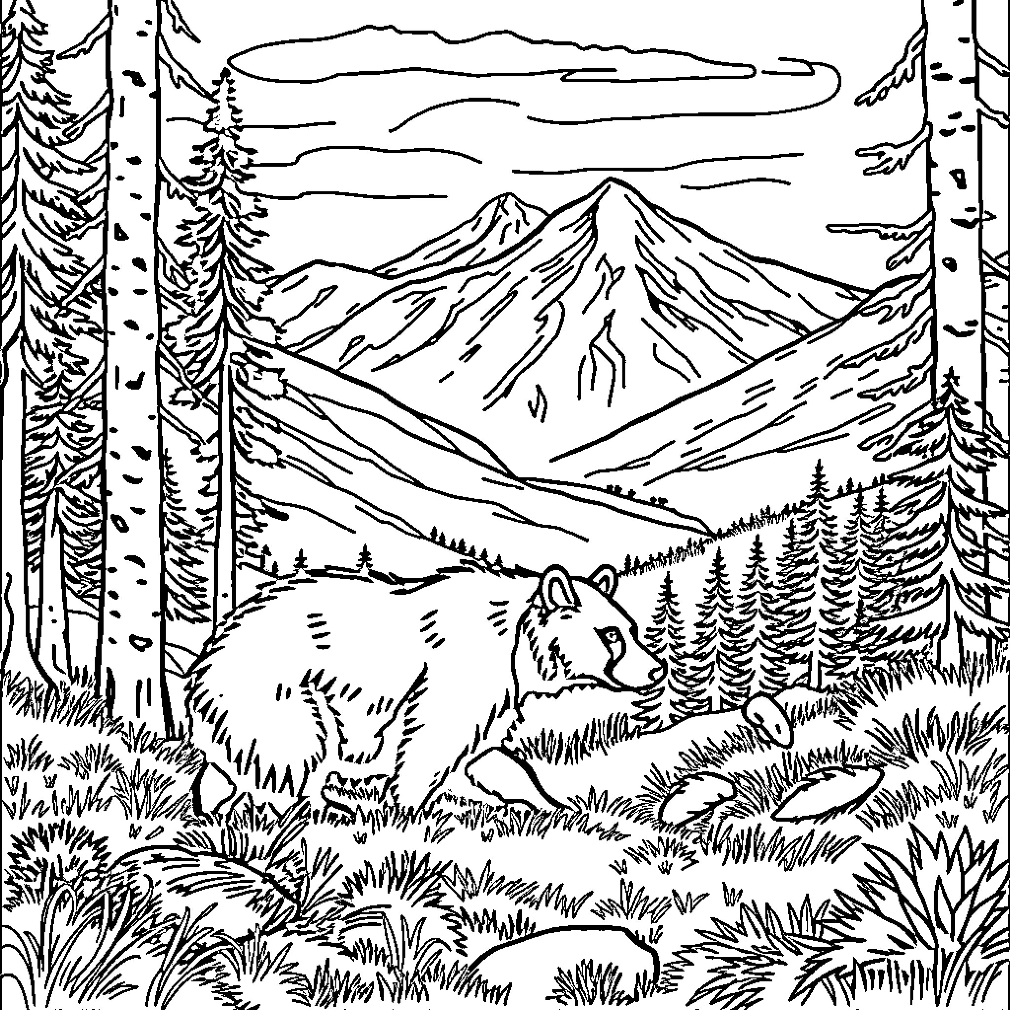 Bear exploring wilderness in mountain landscape Coloring Page (free black-and-white line drawing printable PDF for all, from beginners to advanced learners, including children, teens, adults, and seniors)
