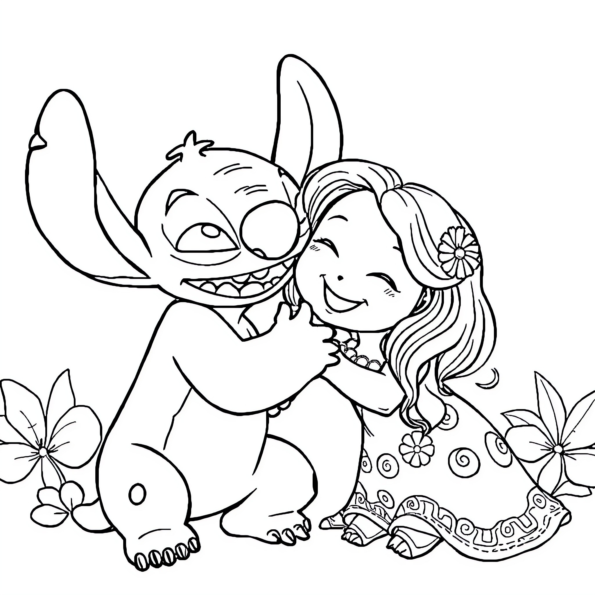 Stitch hugging a girl in a flowery dress Coloring Page (free black-and-white line drawing printable PDF for all, from beginners to advanced learners, including children, teens, adults, and seniors)