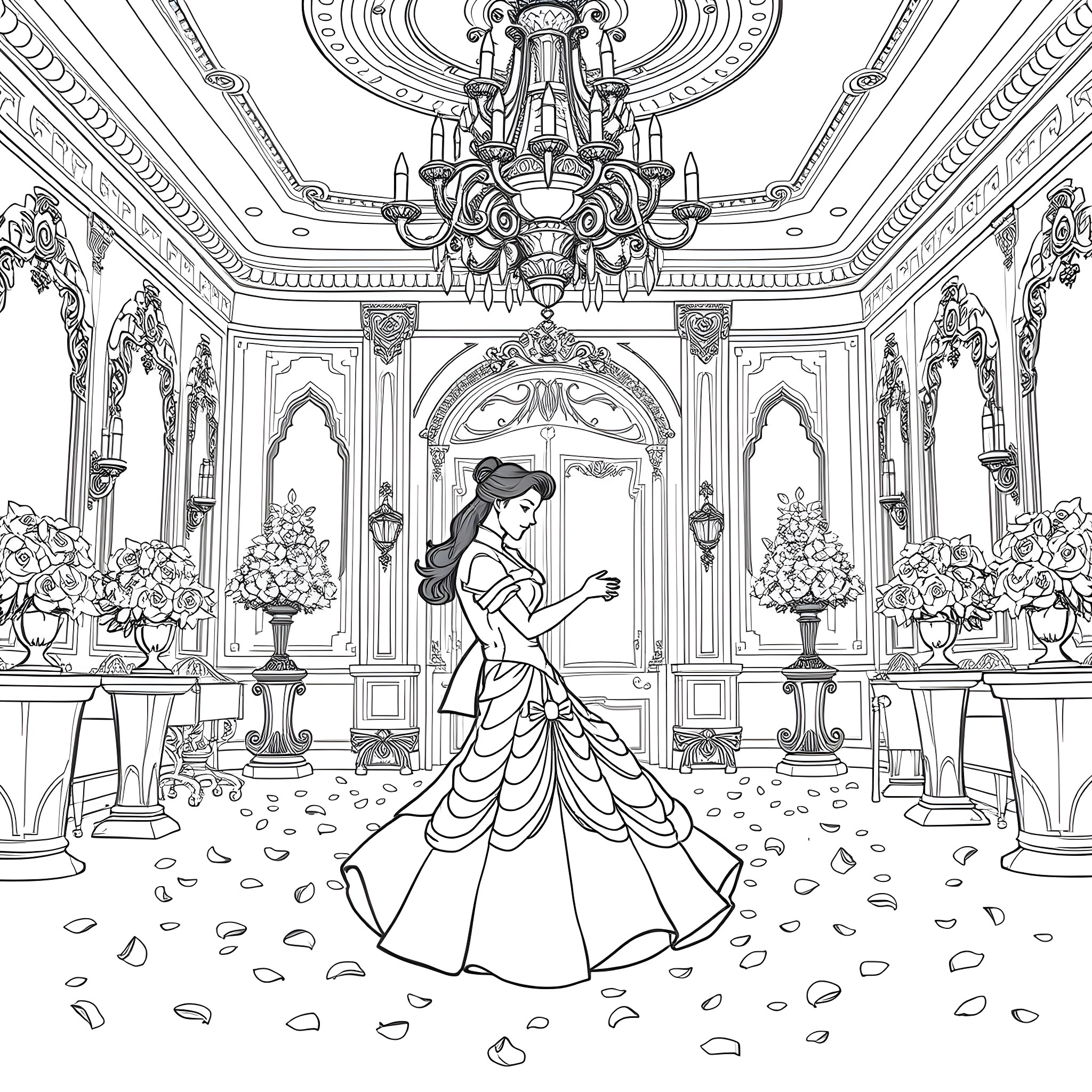 Belle in a grand ballroom surrounded by flowers Coloring Page (free black-and-white line drawing printable PDF for all, from beginners to advanced learners, including children, teens, adults, and seniors)