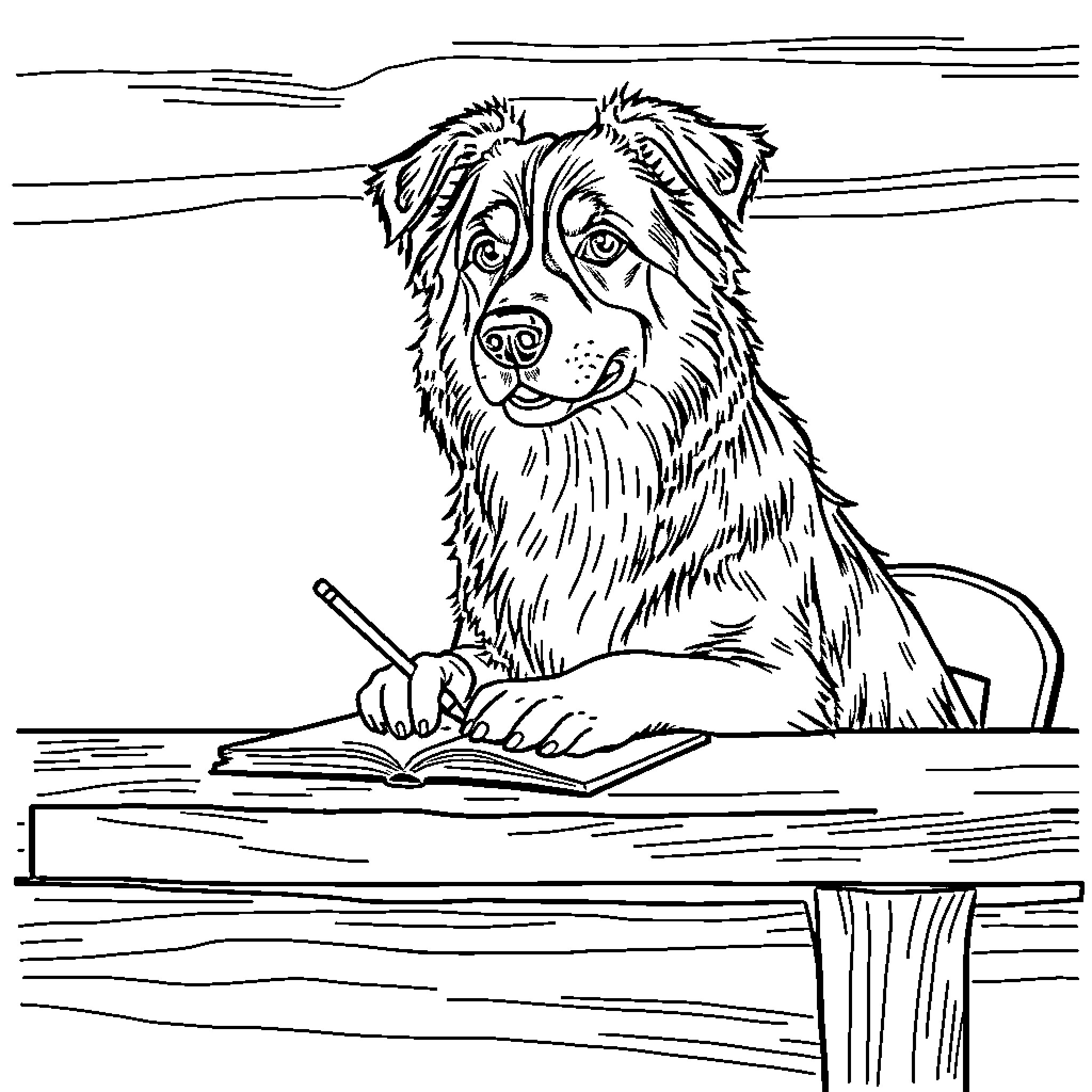 Dog studying diligently at the desk Coloring Page (free black-and-white line drawing printable PDF for all, from beginners to advanced learners, including children, teens, adults, and seniors)