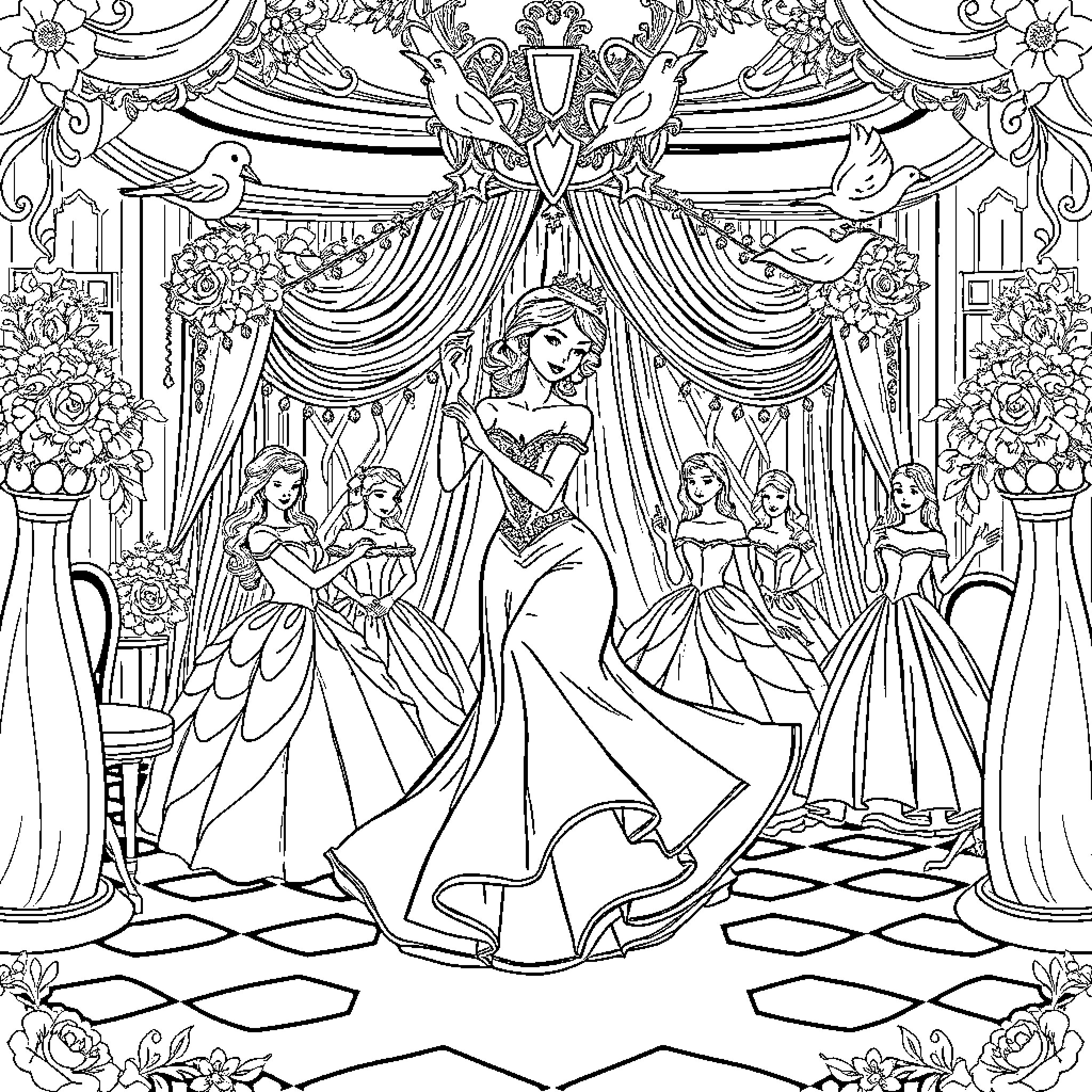 Princess in a Majestic Ballroom Setting Coloring Page (free black-and-white line drawing printable PDF for all, from beginners to advanced learners, including children, teens, adults, and seniors)