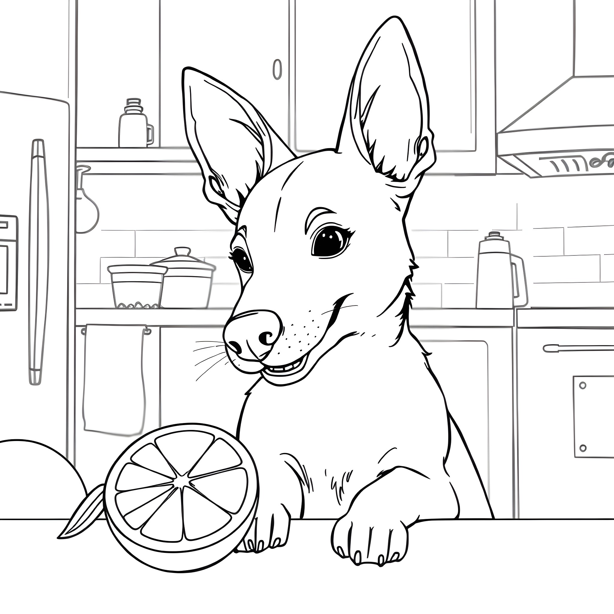 Dog with Toys in the Kitchen Coloring Page (free black-and-white line drawing printable PDF for all, from beginners to advanced learners, including children, teens, adults, and seniors)