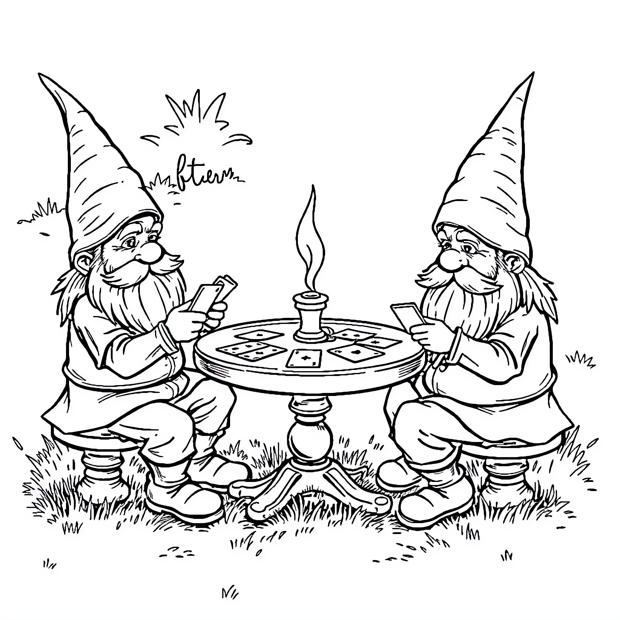 Lawn Gnomes Enjoying a Picnic Together Coloring Page (free black-and-white line drawing printable PDF for all, from beginners to advanced learners, including children, teens, adults, and seniors)