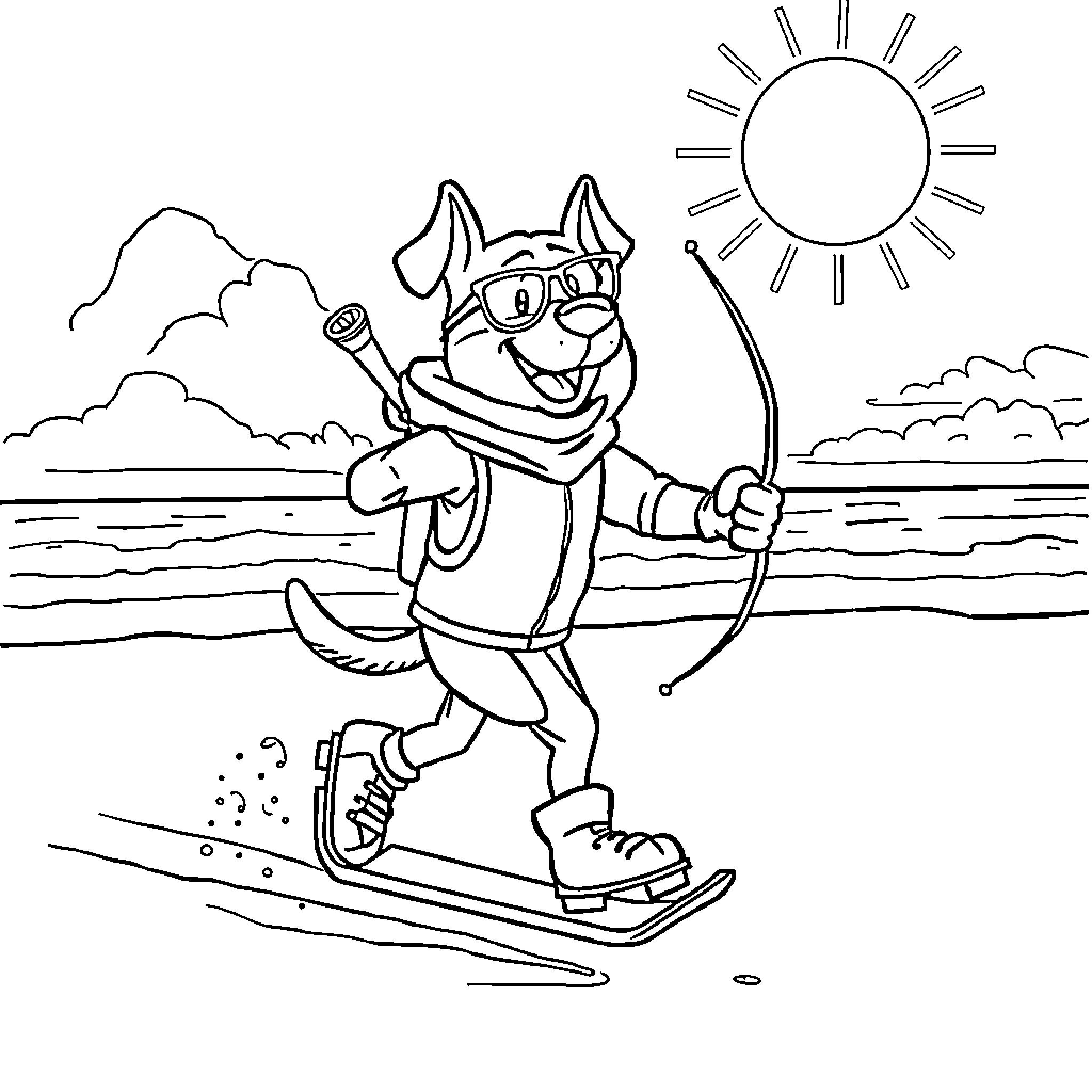 Dog skiing in the mountains on a sunny day Coloring Page (free black-and-white line drawing printable PDF for all, from beginners to advanced learners, including children, teens, adults, and seniors)