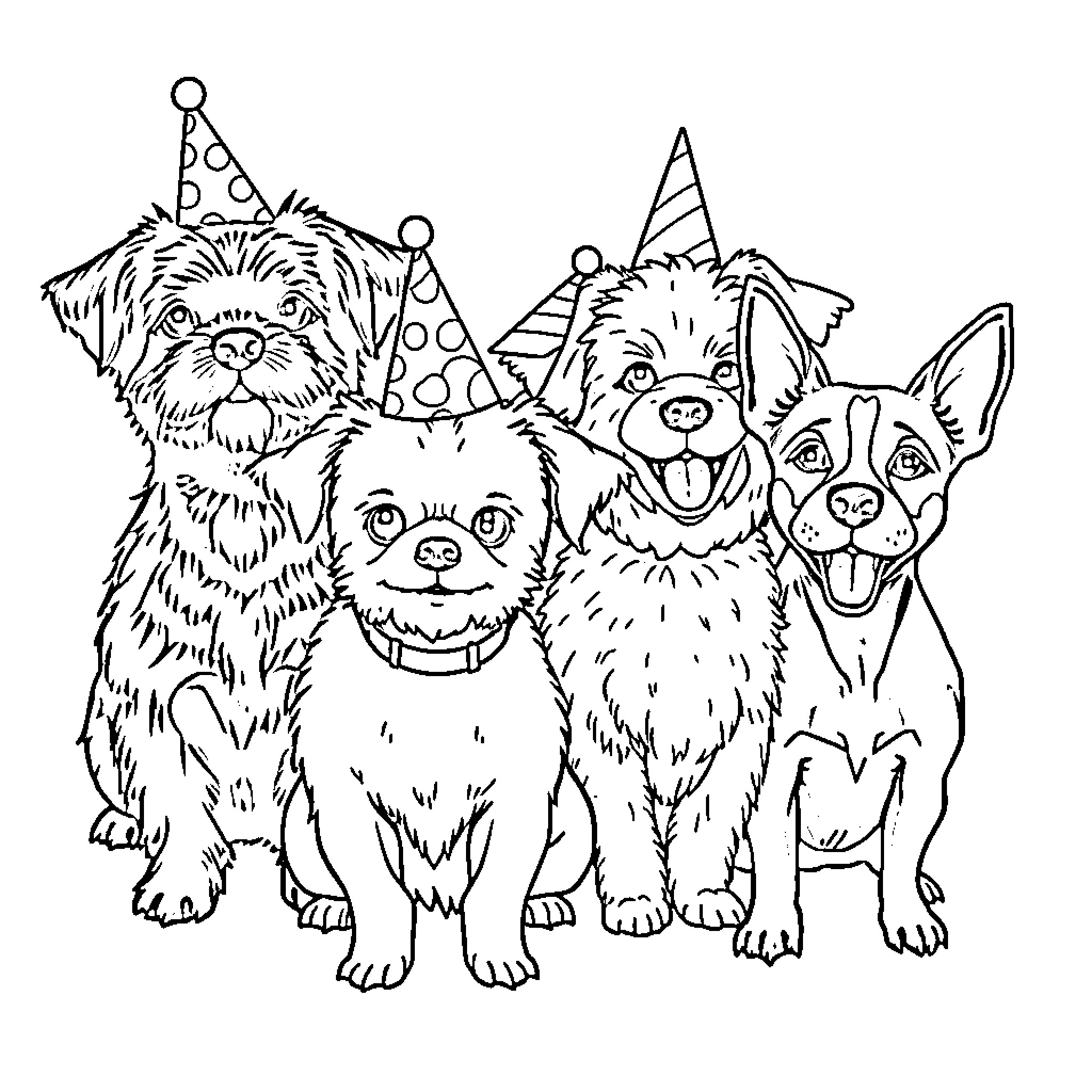Dogs Celebrating at a Party Coloring Page (free black-and-white line drawing printable PDF for all, from beginners to advanced learners, including children, teens, adults, and seniors)
