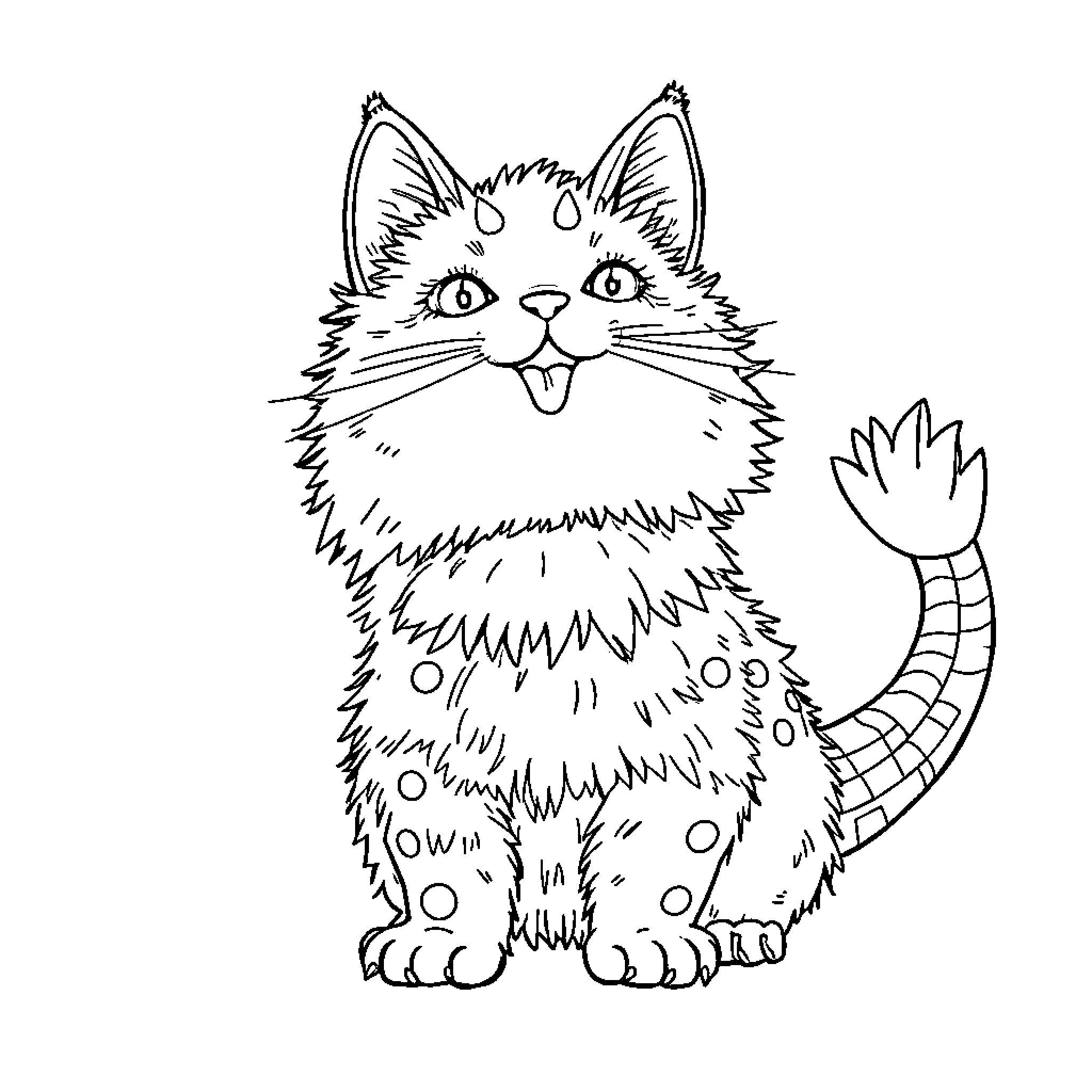Cat with expressive face and fluffy fur Coloring Page (free black-and-white line drawing printable PDF for all, from beginners to advanced learners, including children, teens, adults, and seniors)