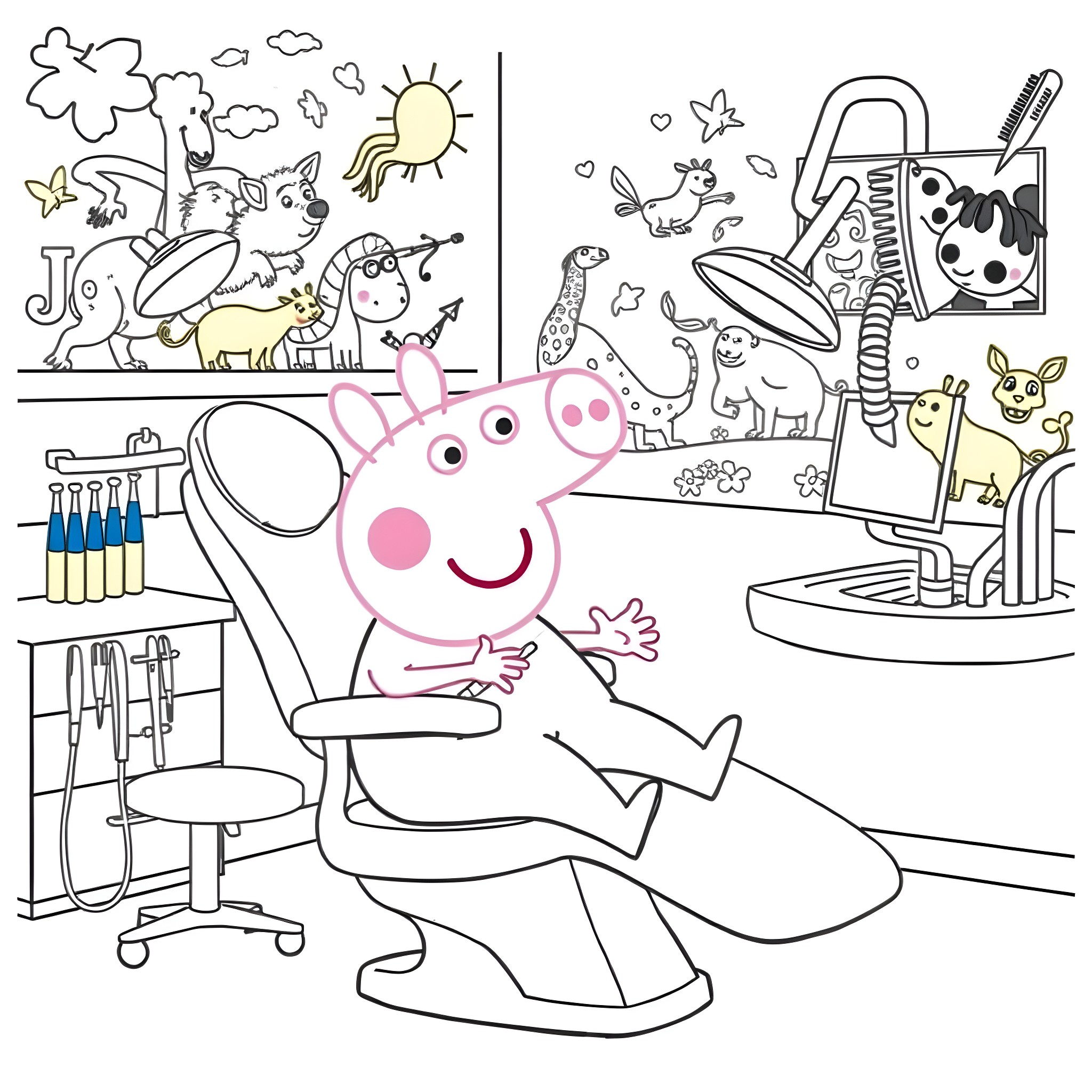 Peppa Pig enjoying a fun-filled day at the dentist's office Coloring Page (free black-and-white line drawing printable PDF for all, from beginners to advanced learners, including children, teens, adults, and seniors)
