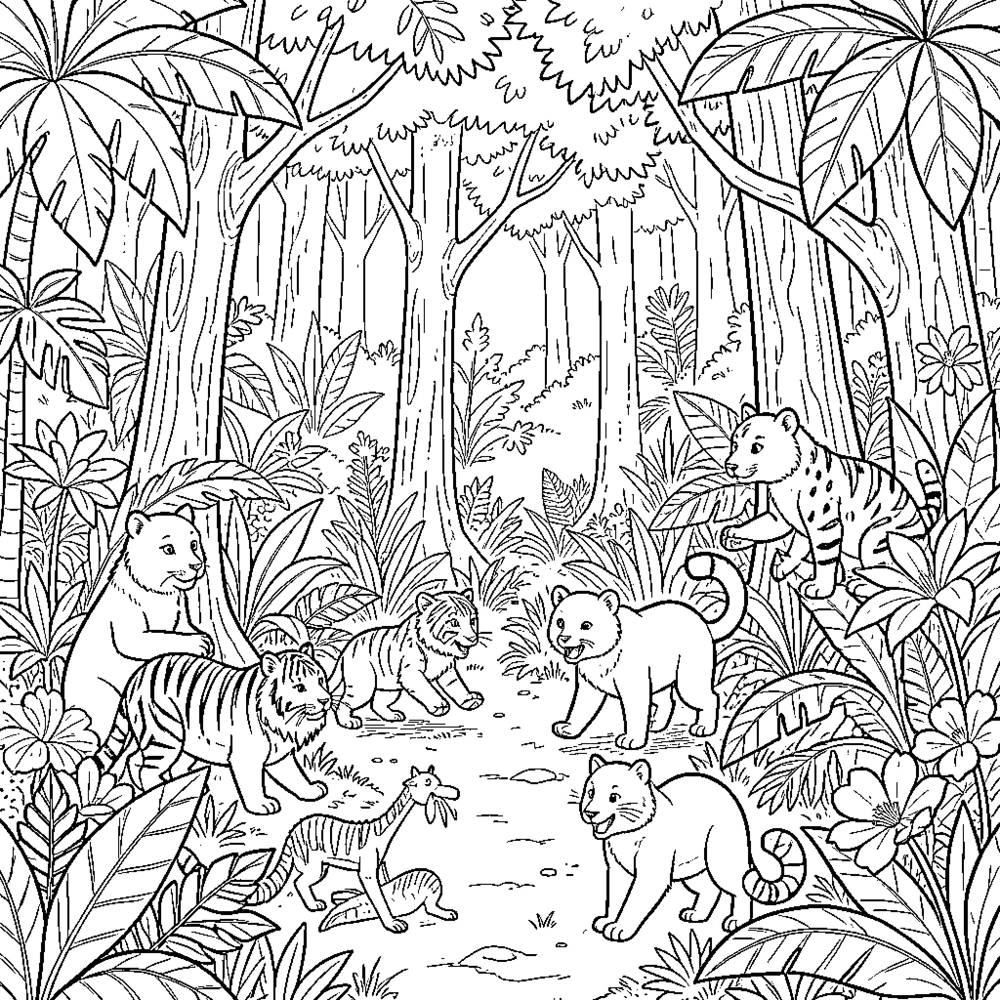 Animal Family Exploring Lush Jungle Habitat Coloring Page (free black-and-white line drawing printable PDF for all, from beginners to advanced learners, including children, teens, adults, and seniors)